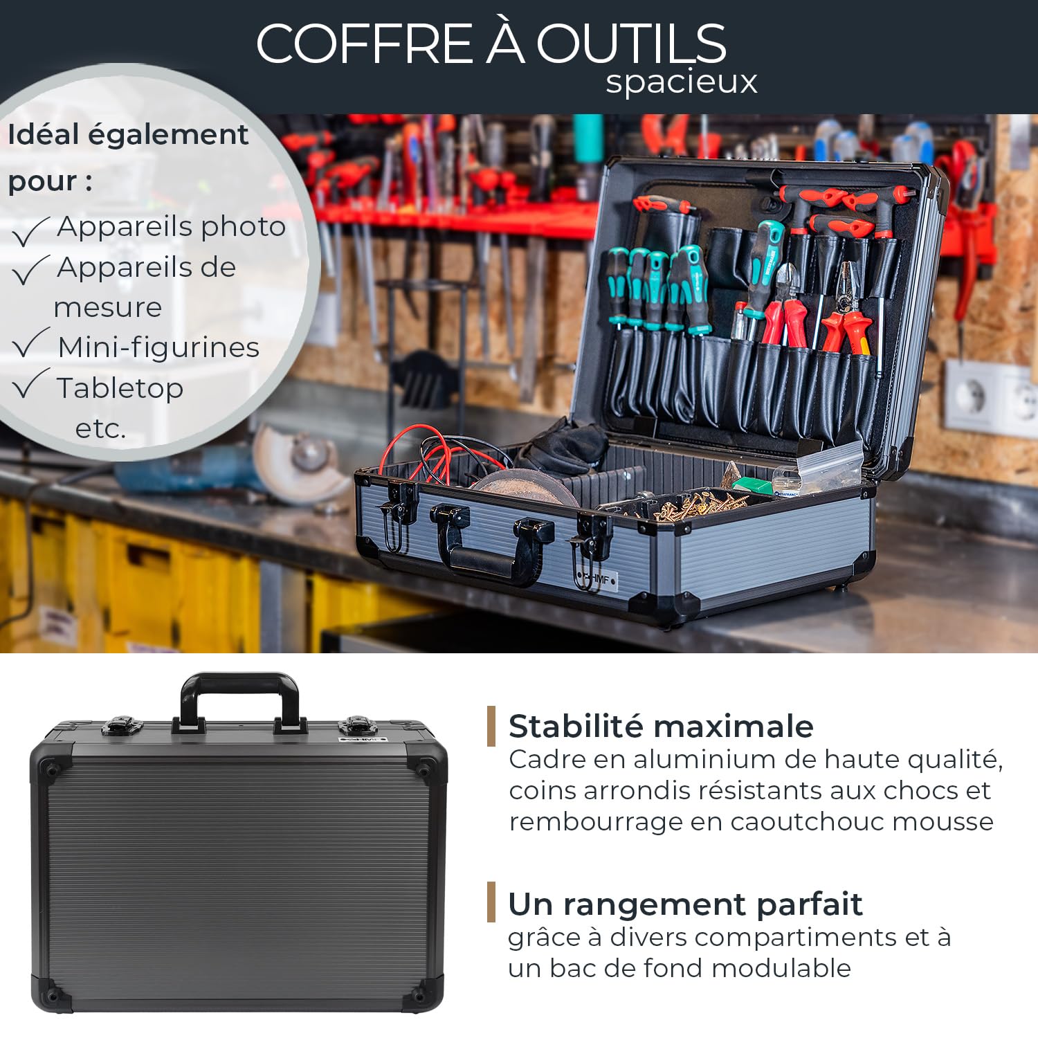 HMF Mallette à outils en aluminium vide avec 17 compartiments à insérer pour outils, grande caisse à outils avec compartimentage réglable | 46 x 33 x 15 cm | anthracite-noir