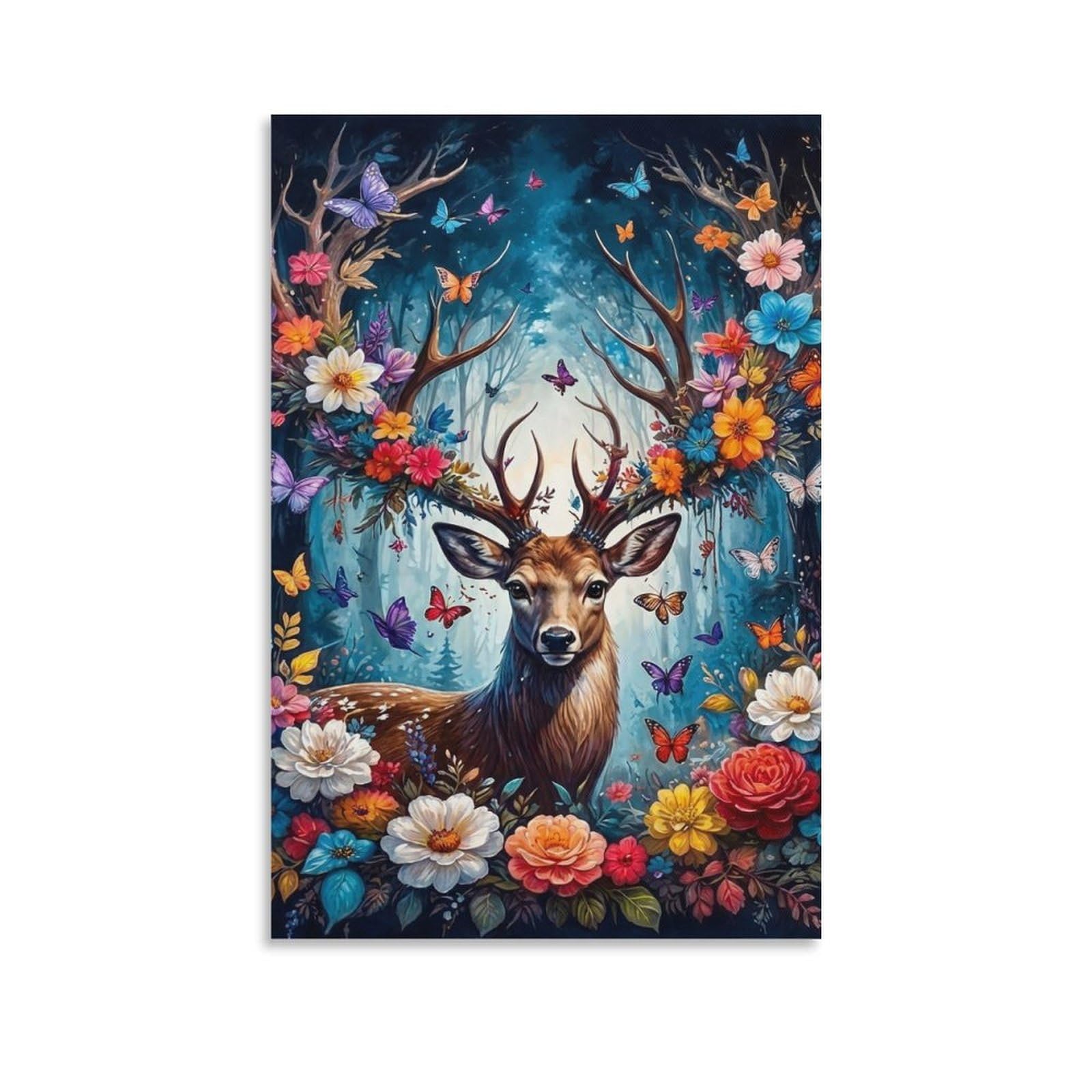 DHBANEIOK Fantasy Deer Floral Wall Decor Poster Canvas Prints Picture Modern Canvas Wall Art Picture Wall Hanging for Bedroom Living Room Decor 24x36inch(60x90cm)