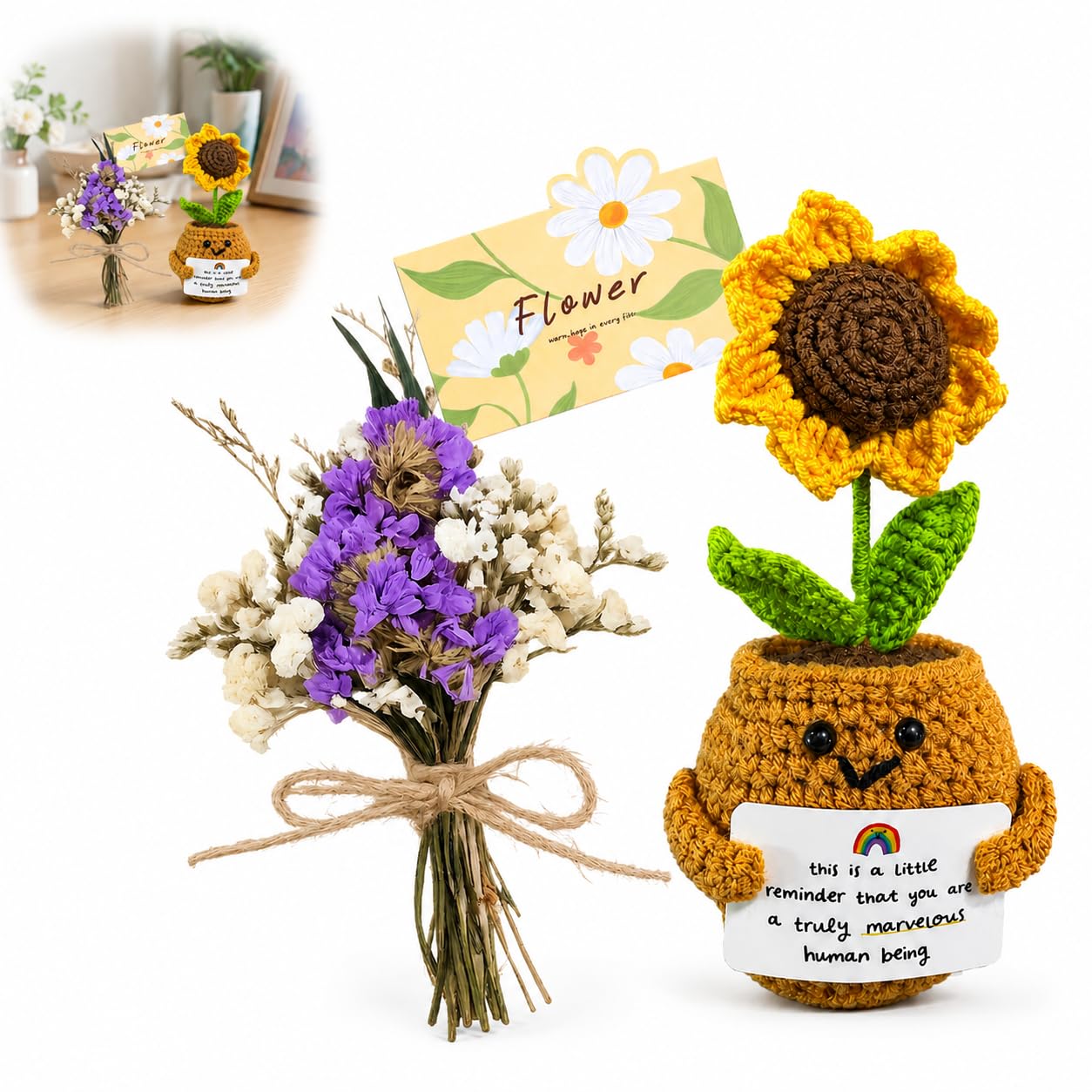 Crochet Sunflower Ornament With Smiling Pot Figure And Message Card