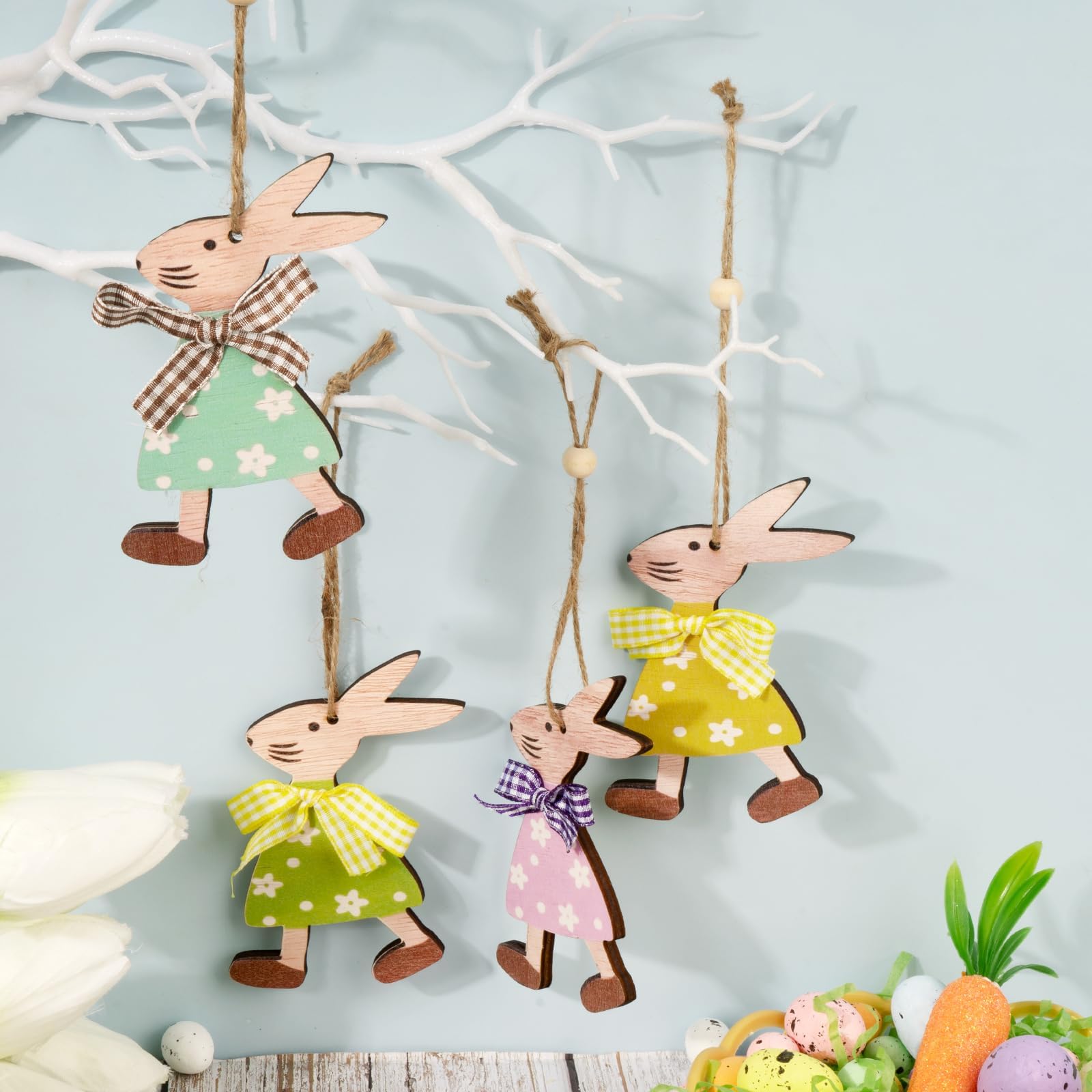 Set Di 6 Ornamenti Pasquali In Legno – Ciondoli A Forma Di Coniglietto, Decorazioni Da Appendere Per Albero Di Pasqua E Primavera