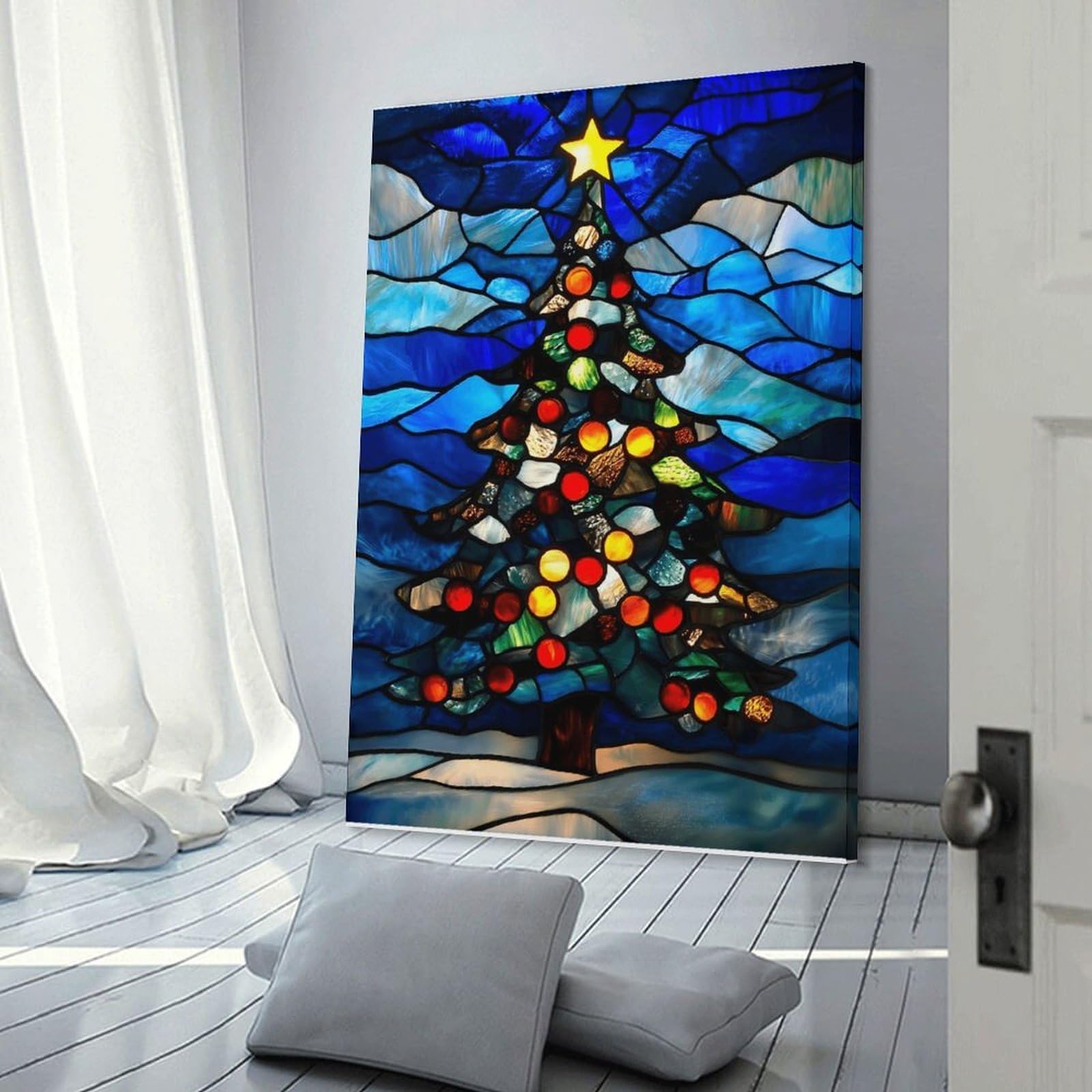 Junmoney Frame-Style-3 Christmas Tree Stained Glass Canvas Wall Decor, 24X36inch(60X90cm), For Wall Displays, Bedrooms Or Room Updates, Wall Decor Suited To Curated Displays