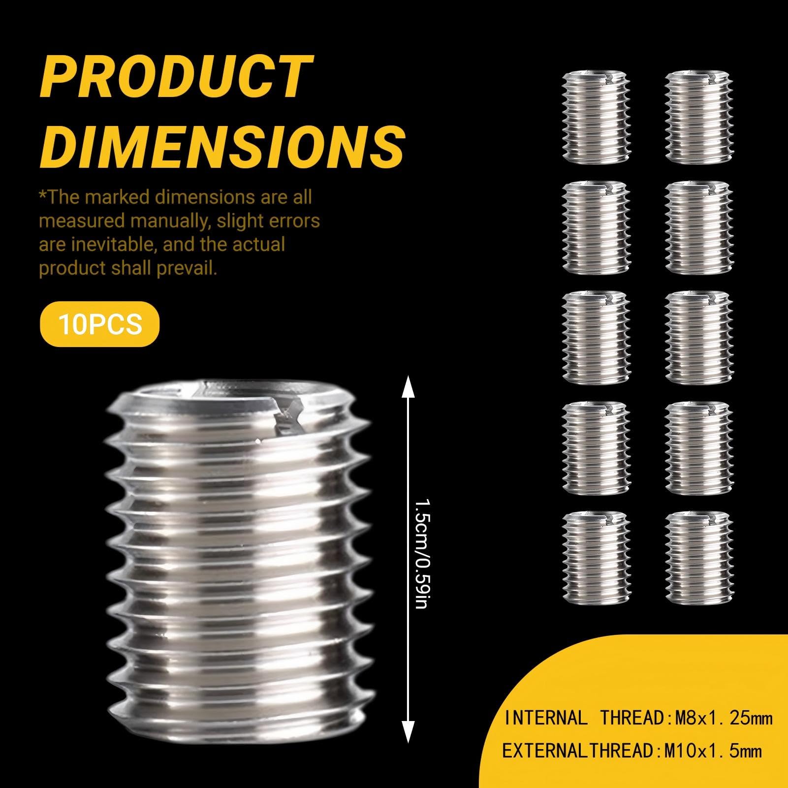 10 Pezzi Inserto Filettato M10 a M8, Boccola Filettata Acciaio Inox 15 mm, Boccola di Filettatura, Dado a Inserimento, Adattatore Filetto e Riduttore Filettato per Riparazione, Montaggio, Mobili