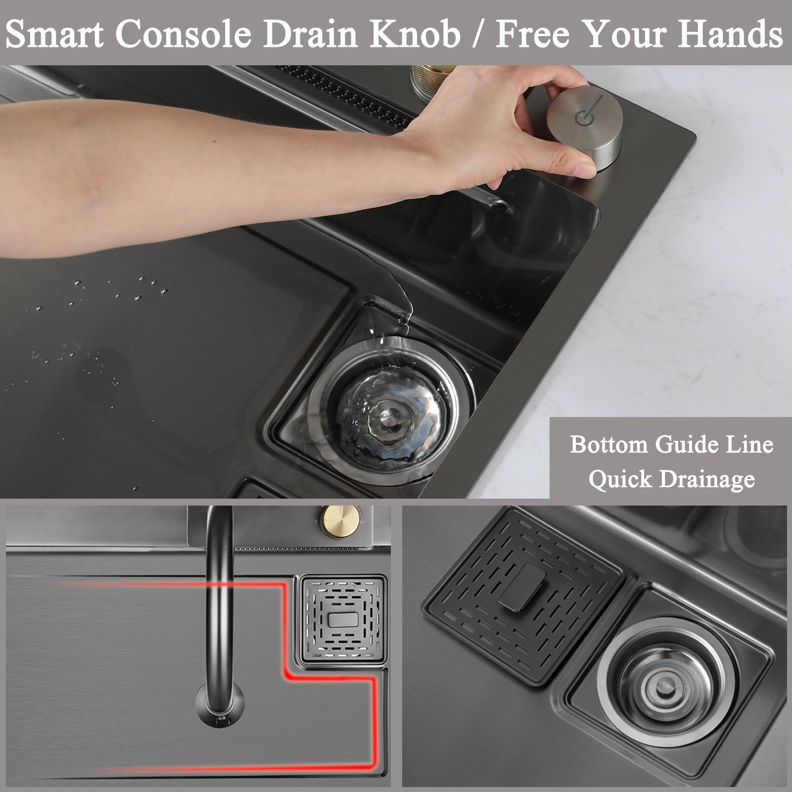 Fregadero De Cocina En Cascada Fregadero De Cocina De Acero Inoxidable Con Montaje Superior Fregadero Nano De Un Solo Tazón Fregadero Multifunción Para Estación De Trabajo Con Grifo Extraíble, 2 Cesta