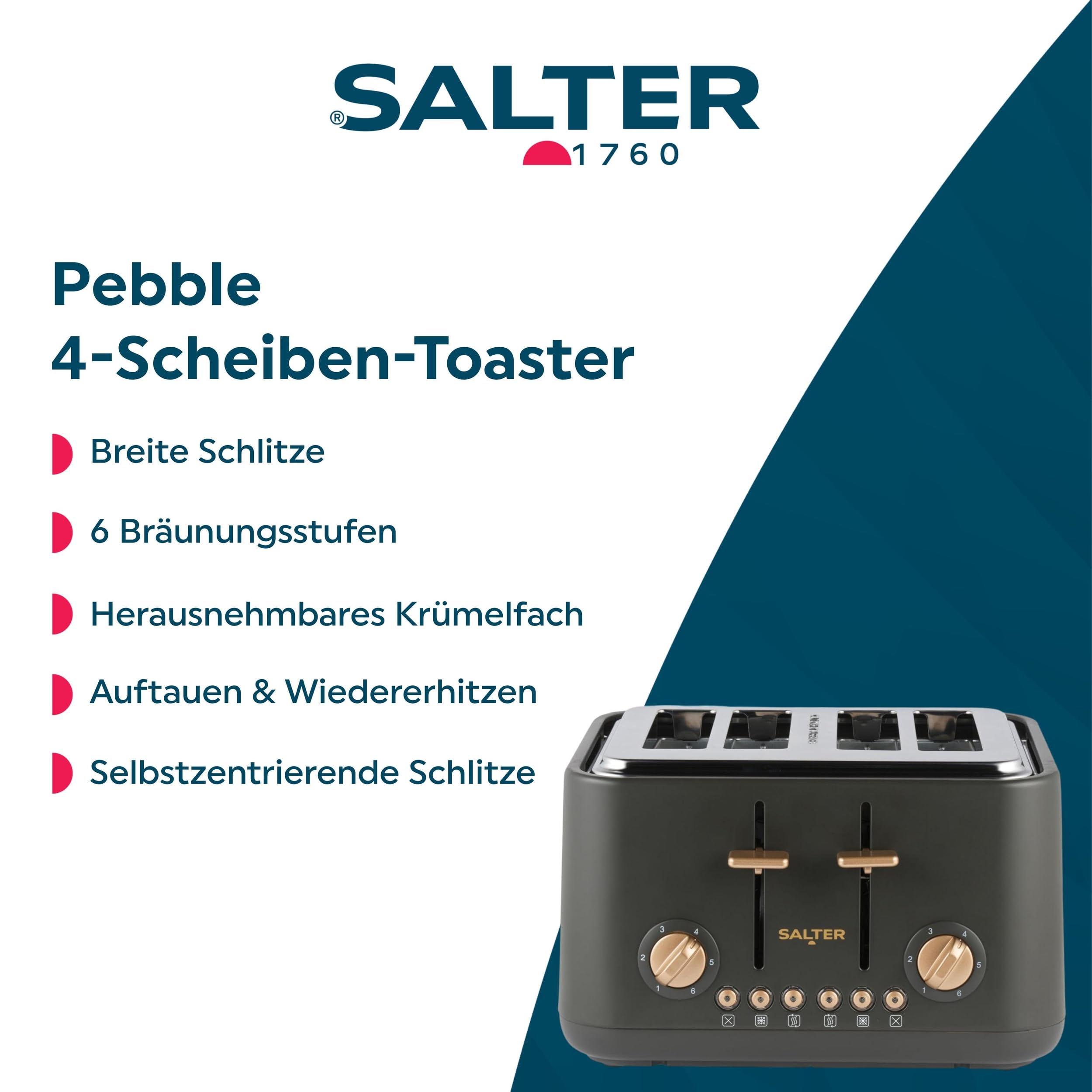 Salter Pebble Toaster 4 Scheiben – 4 Schlitz Toaster mit extra breiten Schlitzen, 6 Bräunungsstufen, Selbstzentrierung, Auftauen, Aufwärmen & Stopp-Funktion, herausnehmbare Krümelschublade