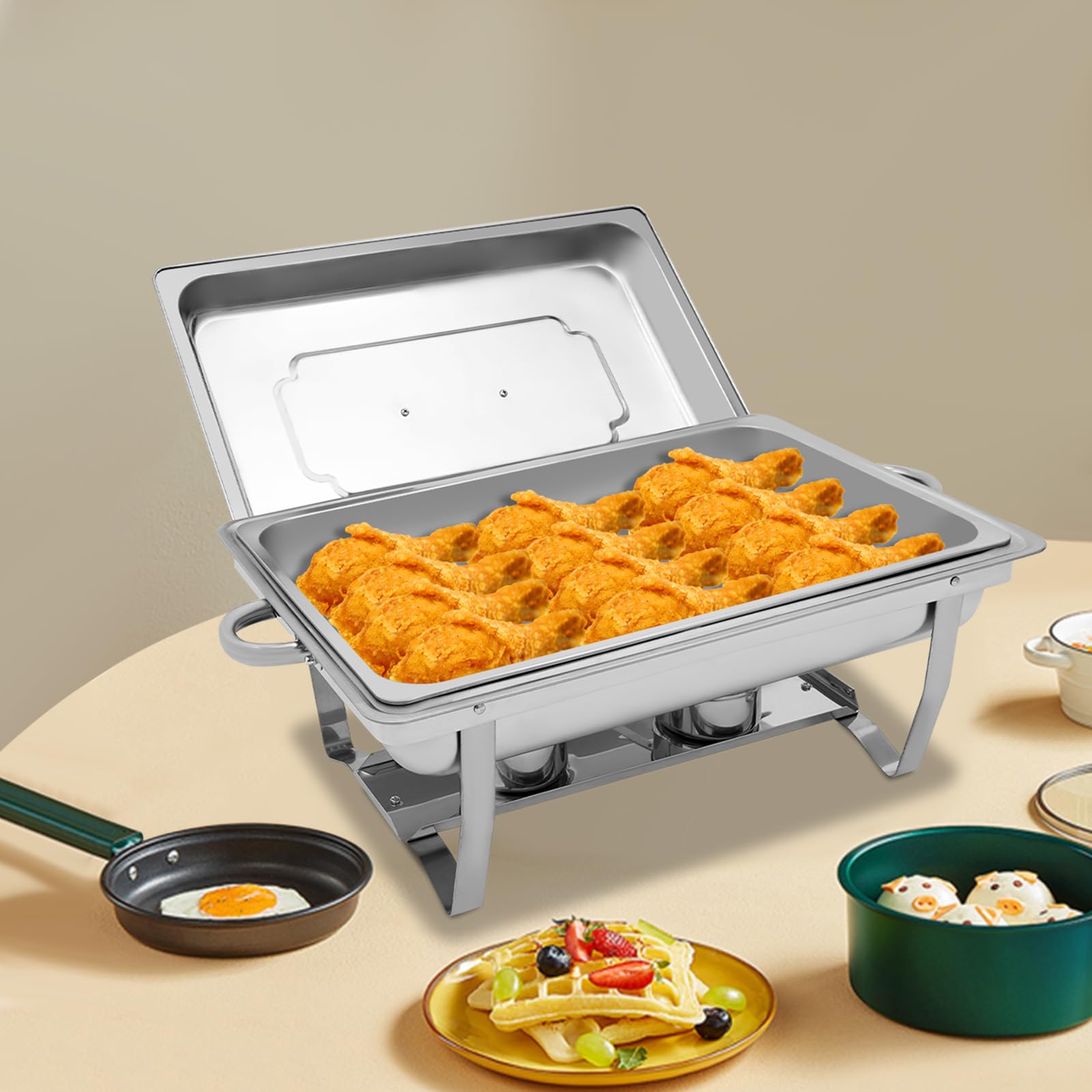 Chafing Dish - Scaldavivande in acciaio inox, 9 l, per buffet e catering, contenitore termico rettangolare con telaio pieghevole, per feste e matrimoni (62 x 34 cm)