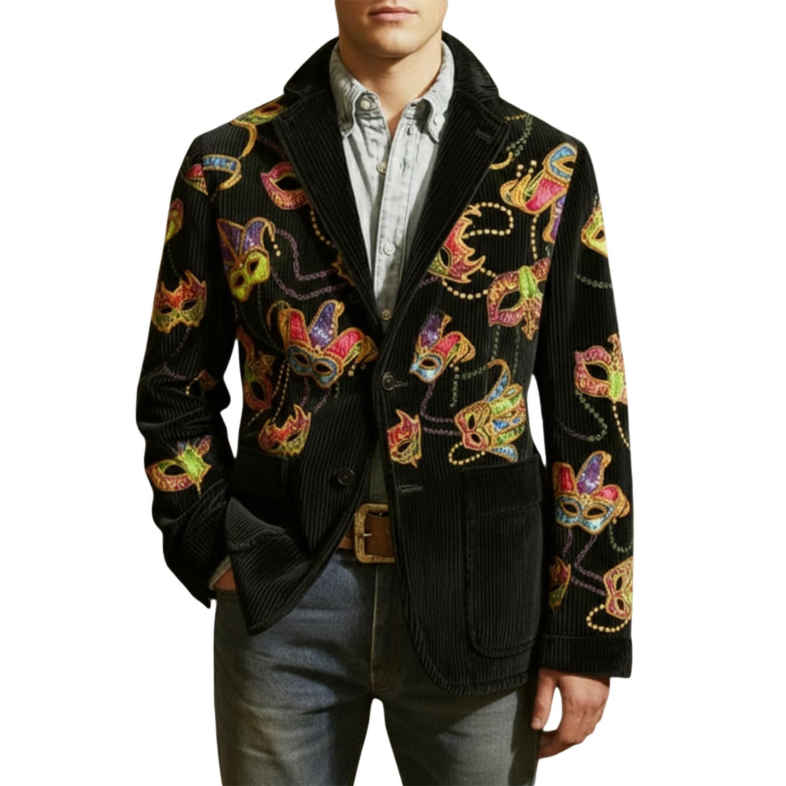 Mardi Gras Jacket Mens Holiday Blazer Outfits Plus Size Suit Sequin Top Accessories Costume Corduroy Cardigan Apparel, Z-20-Black, S