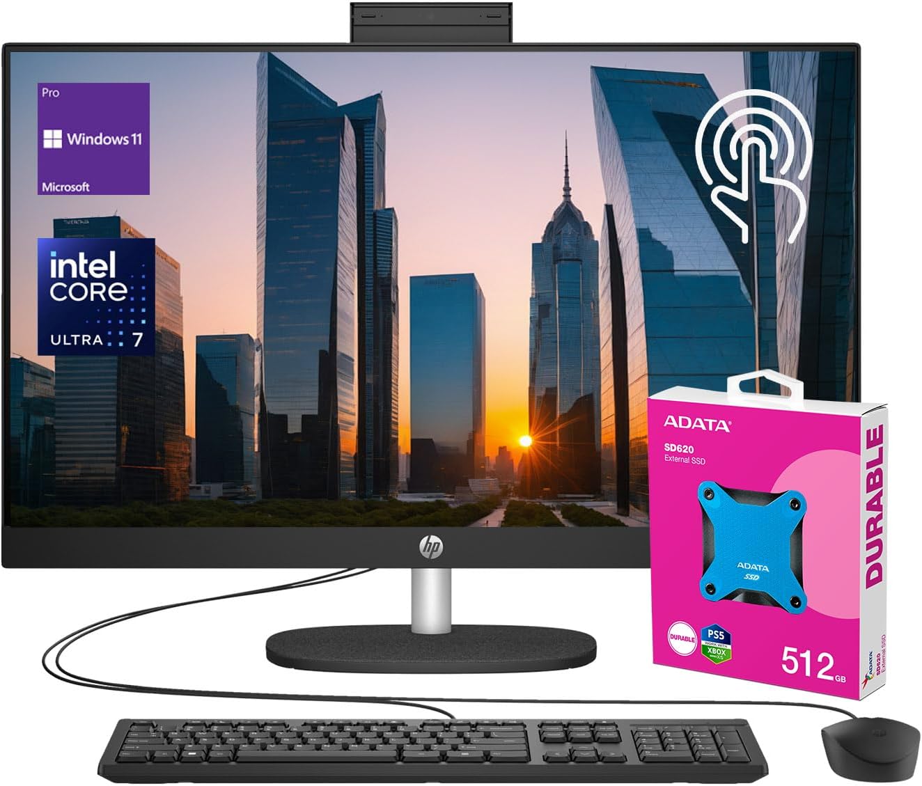HP Newest 27″ FHD Touchscreen Intel Ultra 7 AI Business All-in-One Desktop, 27″ FHD Touchscreen, Intel Ultra 7 155U, 32GB DDR5 RAM, 1TB SSD, HDMI, Wi-Fi 6, W11P, with ADATA 512 External SSD Bundle HP Newest 27″ FHD Touchscreen Intel Ultra 7 AI Business All-in-One Desktop, 27″ FHD Touchscreen, Intel Ultra 7 155U, 32GB DDR5 RAM, 1TB SSD, HDMI, Wi-Fi 6, W11P, with ADATA 512 External SSD Bundle