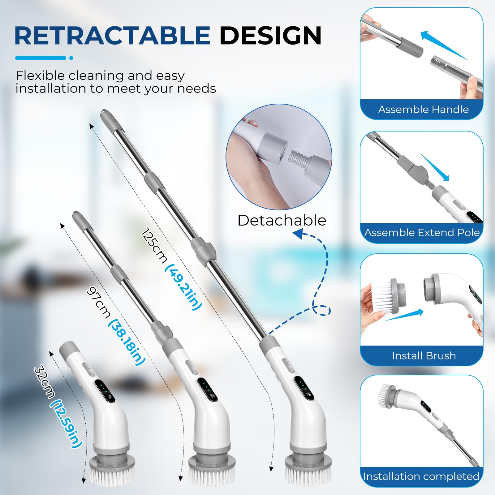 Brosse Nettoyage Electrique Rotative, Brosse Electrique Nettoyage avec 9 Têtes Interchangeables, Manche Réglable, IPX7 Étanche, 3 Vitesses, Electric Spin Scrubber pour Salle de Bain, Cuisine, Voiture