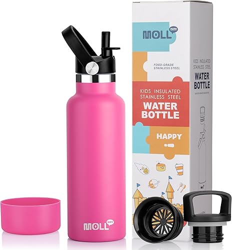 Botella de agua aislada con 2 tapas, botella de agua deportiva de acero inoxidable de 16 onzas con boca estándar para niñas y mujeres, botella de