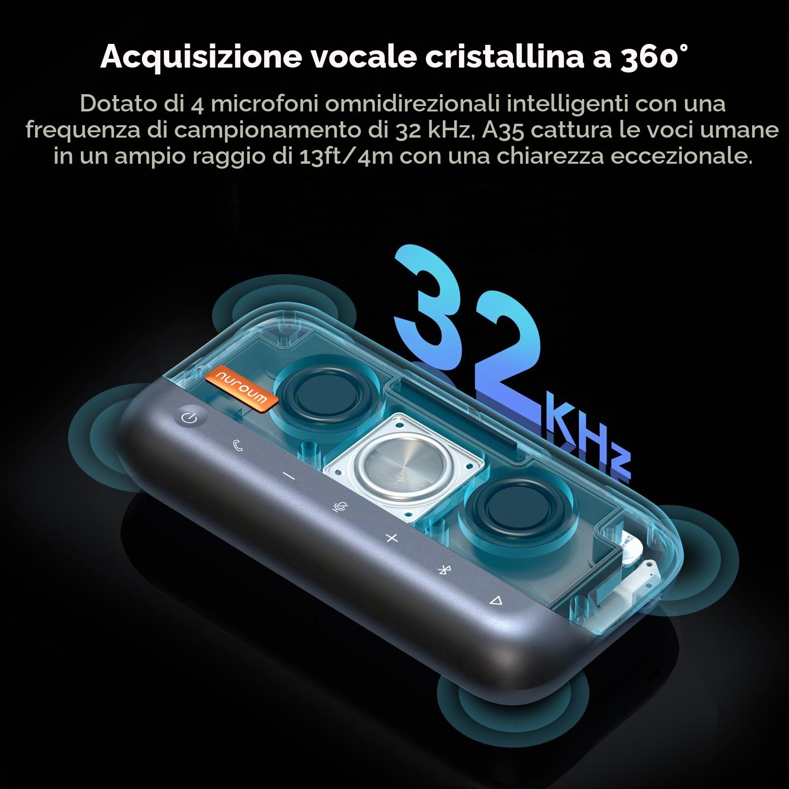 NUROUM A35 Microfono Ambientale con Altoparlante per Conferenze, Cancellazione del Rumore AI, Collegamento a Cascata per 20 Persone,32kHz Compatibile Zoom/Teams/GoogleMeet tramite Bluetooth/USB/Dongle