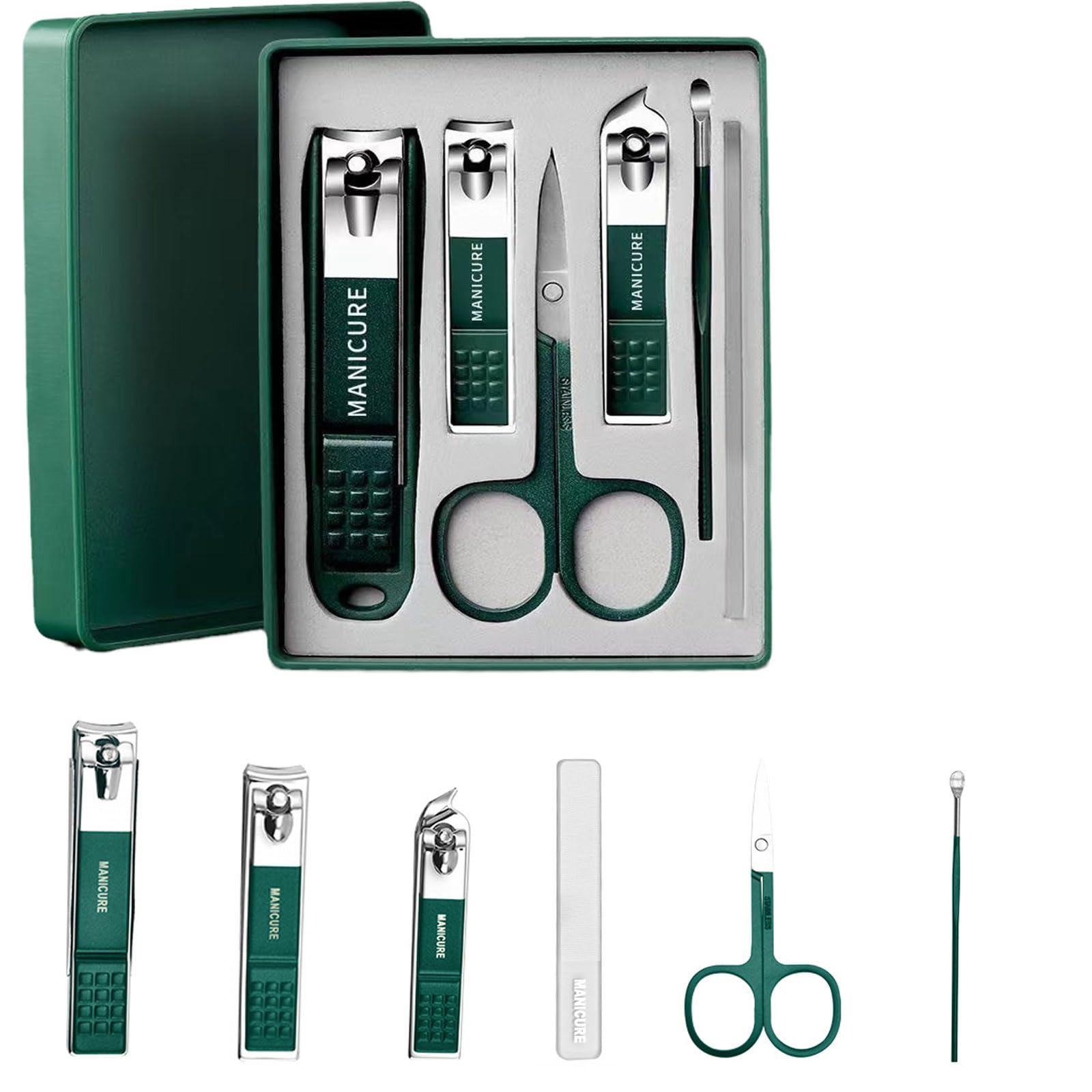 Dark Green Splash-Proof Stainless Steel Nail Clipper Set with 6-Piece Nail Clipper Set, Nail Clipper Repair Tool (Nano Glass File for Shining Nails, Dual Purpose Repair+Ear Spoon+Eyebrow Clipper+diag