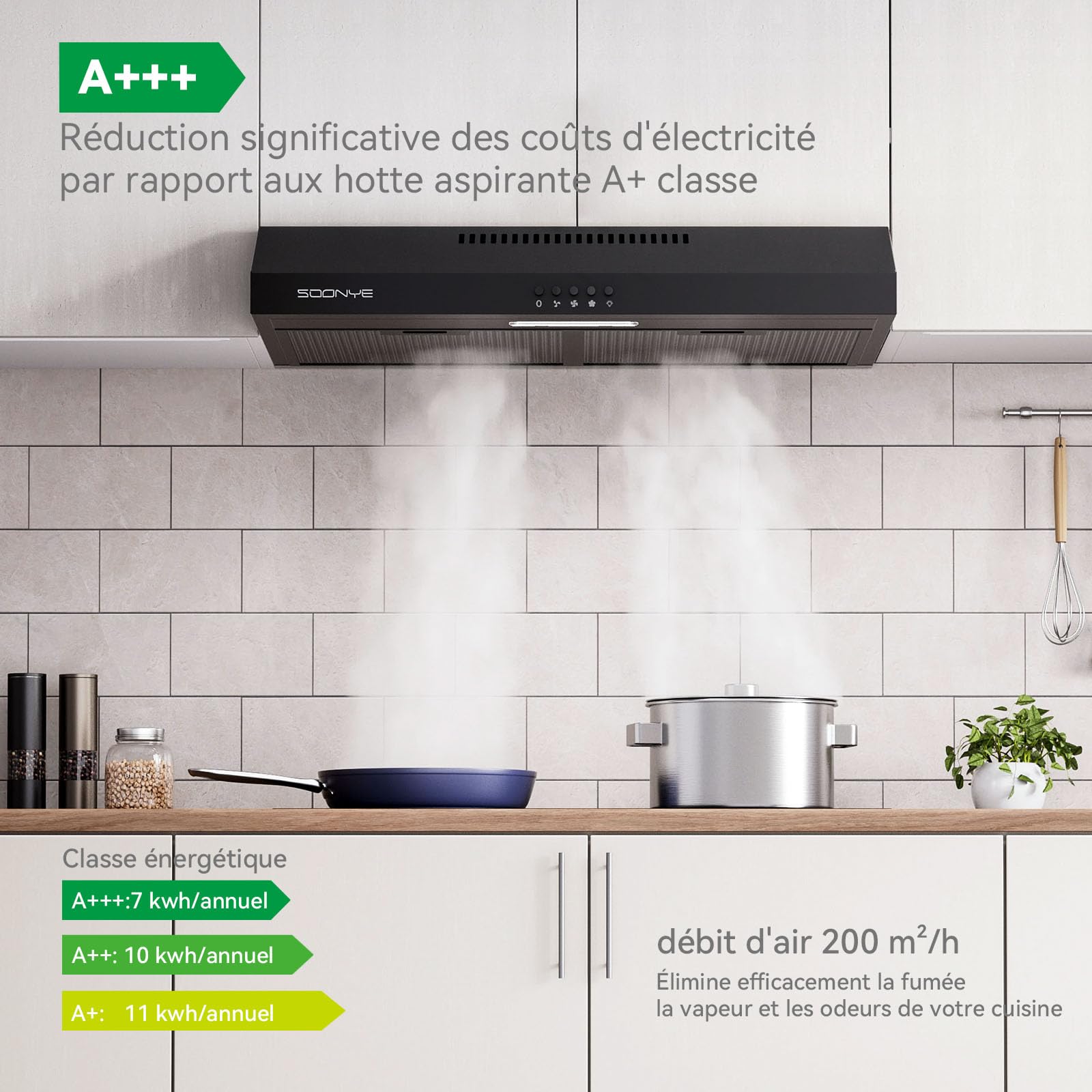 Hotte Aspirante 60cm Classe A+++ 220 m³/h Cuisine Noir