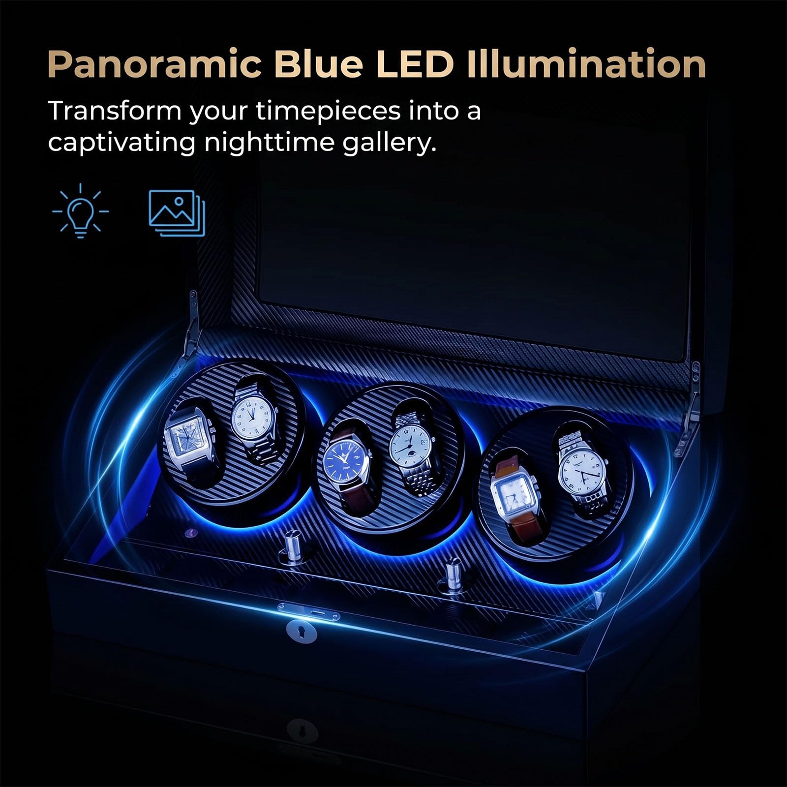 Watch Winder per 6 Orologi con 7 Scomparti, Scatola del Tempo Automatica | In Legno Nero Lucido, Carica Orologi con Motore Silenzioso e LED, Regalo di Lusso Uomo