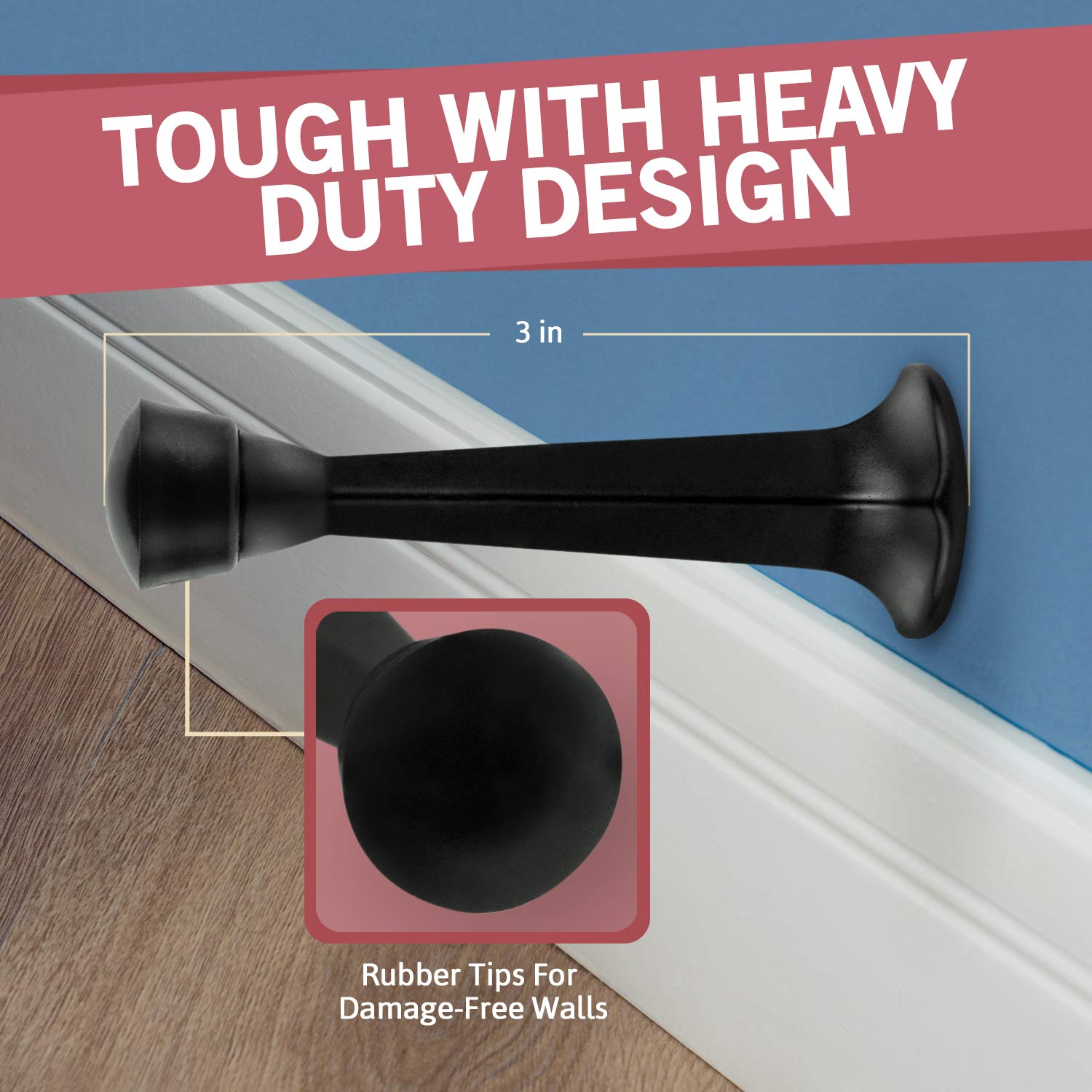 Jack N' Drill - Tope rígido de puerta de 3 pulgadas (paquete de 12) – Tope de puerta de metal sólido resistente | Evita daños en paredes y puertas – Tope de puerta con punta de goma rígida para