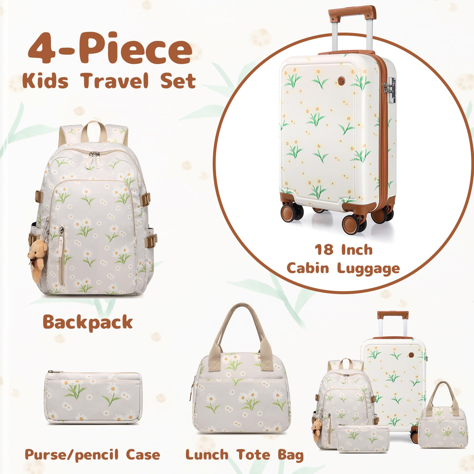 Sea choice Equipaje Infantil Maletas de Viaje Duradero para Niños Maleta con 4 Ruedas Dobles Cierre TSA Juego de Maletas con Mochila Infantil Bolsa (Margarita, Blanco Margarita)