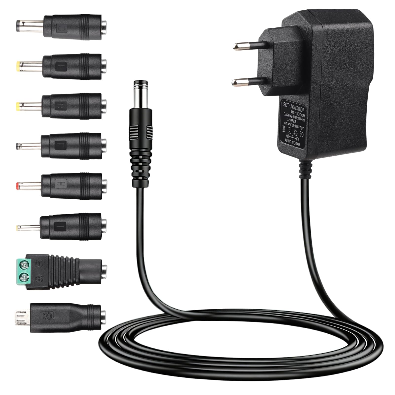 Alimentador 12V 1A, Adaptador de Fuente de Alimentación Universal 12W con 8 Enchufes DC Desmontables, Compatible con Electrónica y Dispositivos como LED, Router, CCTV, Radio, y Más - 1000mA Máx — view 8