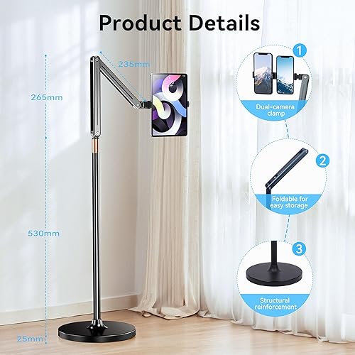 Miniatura 5 de Soporte de piso para tableta, soporte de piso para iPad con ángulo y altura ajustable, soporte para iPad y teléfono de doble dispositivo 2025,