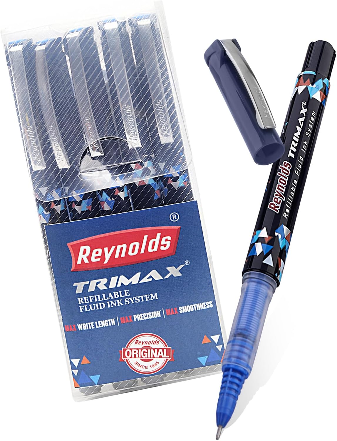 TRIMAX BLUE - 5 COUNT | Roller Ball Ink Pen set With Comfortable Grip | Pens For Writing | School and Office Stationery | 0.5mm Tip