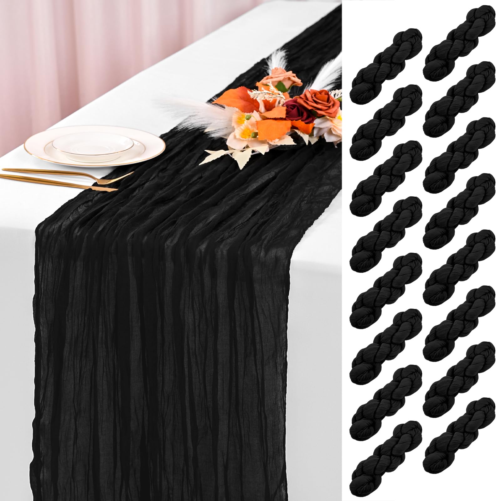 16 Pack Black Cheesecloth Table Runner 120 Inch 10FT Spring Boho Rustic Sheer Gauze Cheese Cloth Table Runner for Wedding Baby Shower Birthday Party