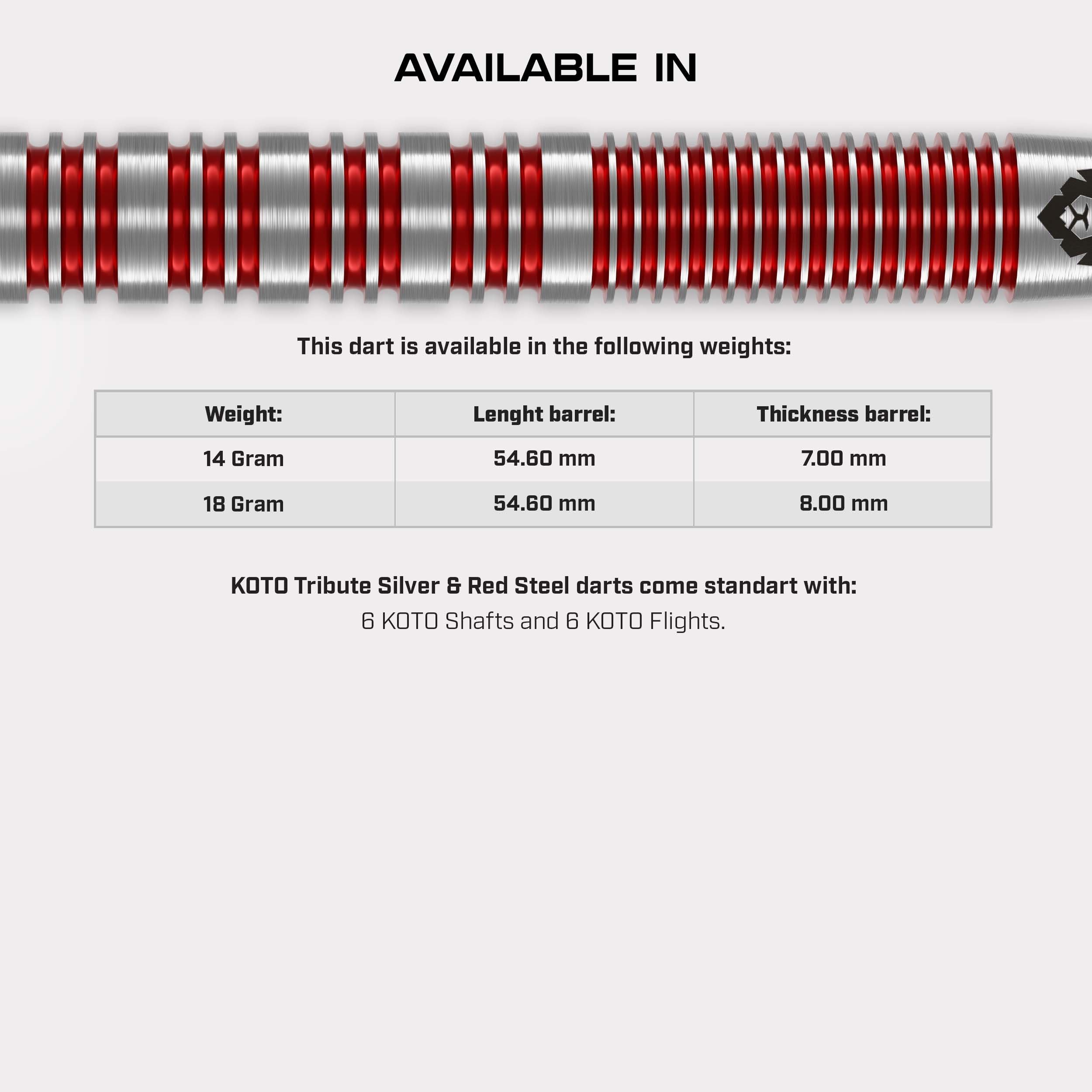 KOTO Lot de 3 fléchettes Tribute avec barils, ailettes, tiges et porte-fléchettes, grip fixe Argenté rouge