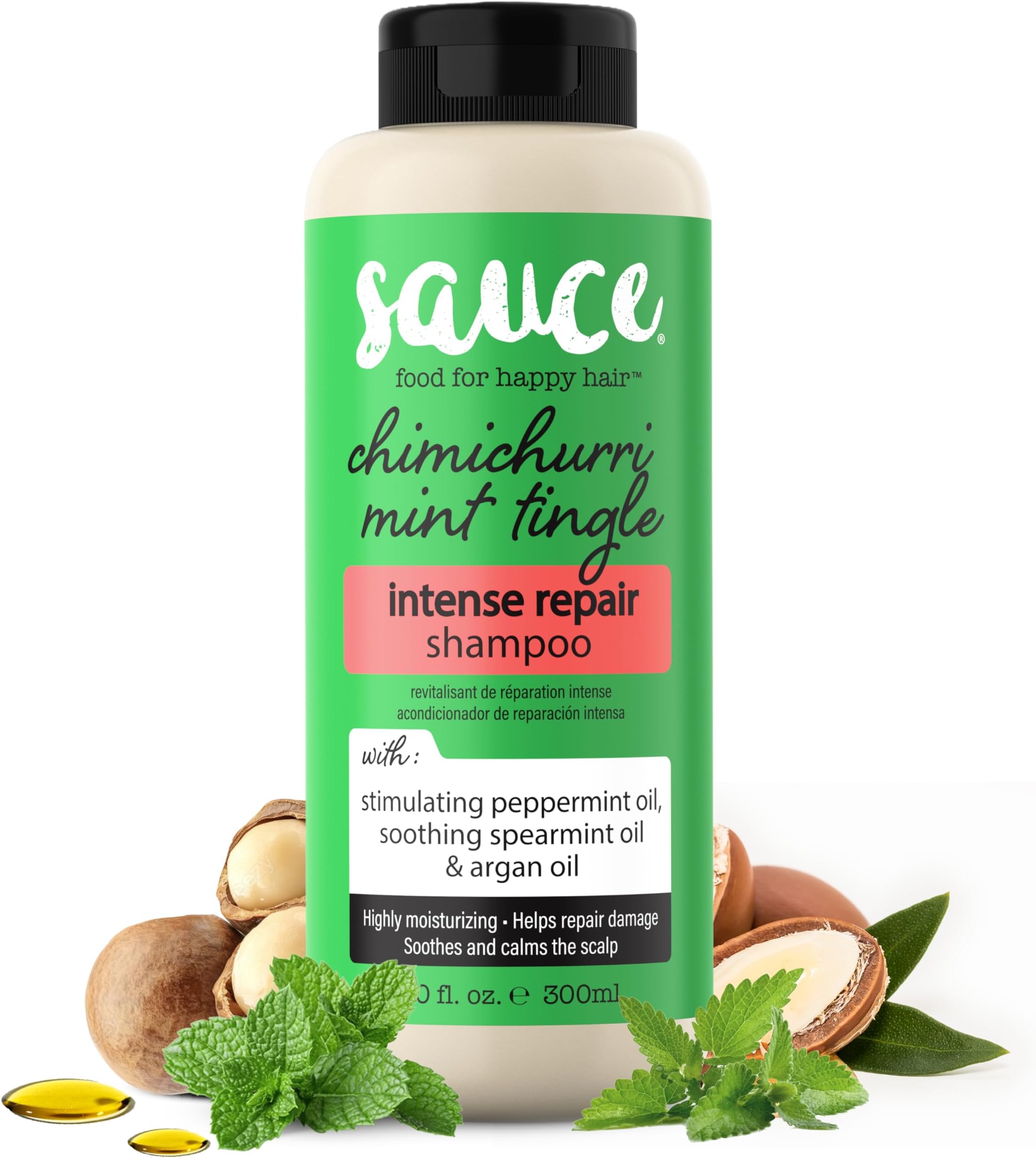 SAUCE Intense Repair Shampoo, Chimichurri Mint Tingle (10 Fl Oz) Soothes & Calms Scalp, Hydrating Shampoo for Damaged Hair with Argan & Peppermint Oil, No Parabens & Sulfates