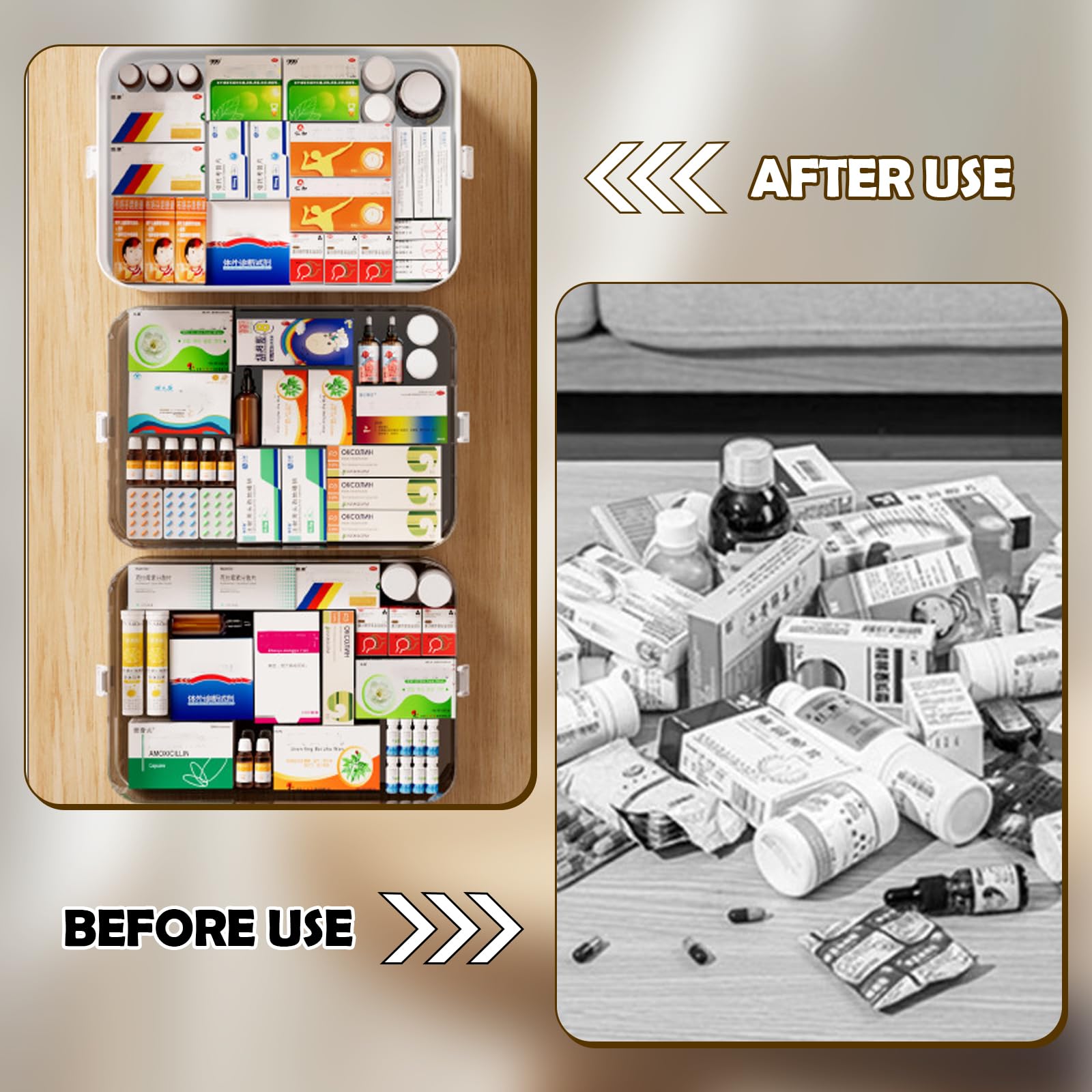3 niveles de almacenamiento para medicamentos, maletín de medicamentos, caja de almacenamiento con tapa, caja de emergencia familiar, caja de medicamentos con asa portátil, 31 × 16,5 × 25,5