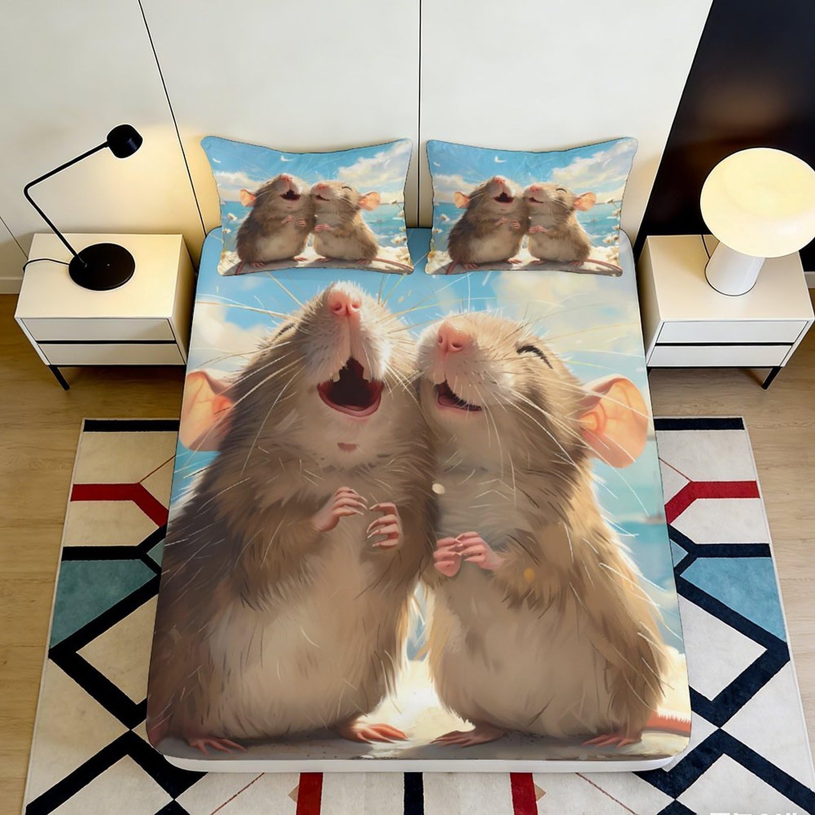 3D Printed Cartoon Mouse Fitted Sheet Microfiber Deep Pocket Bedroom Bedding Set Cartoon Mattress Fitted Cover Washable 180x200x25cm