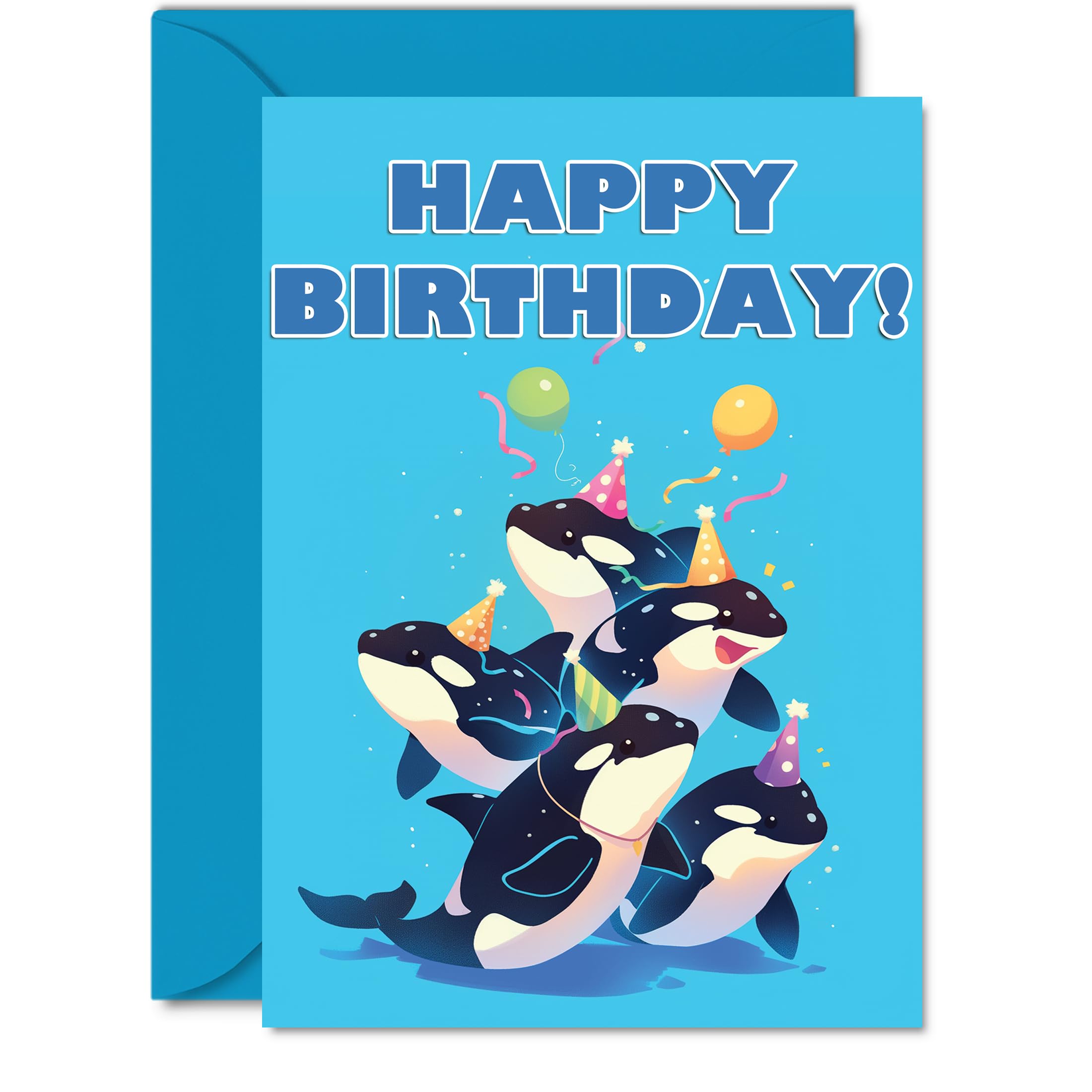 Orca Birthday Cards for Her Him - Party Animals Pyramid - Happy Birthday Card for Mum Dad Brother Sister Auntie Uncle Cousin Friend Family Colleague A5 Bday Greeting Cards