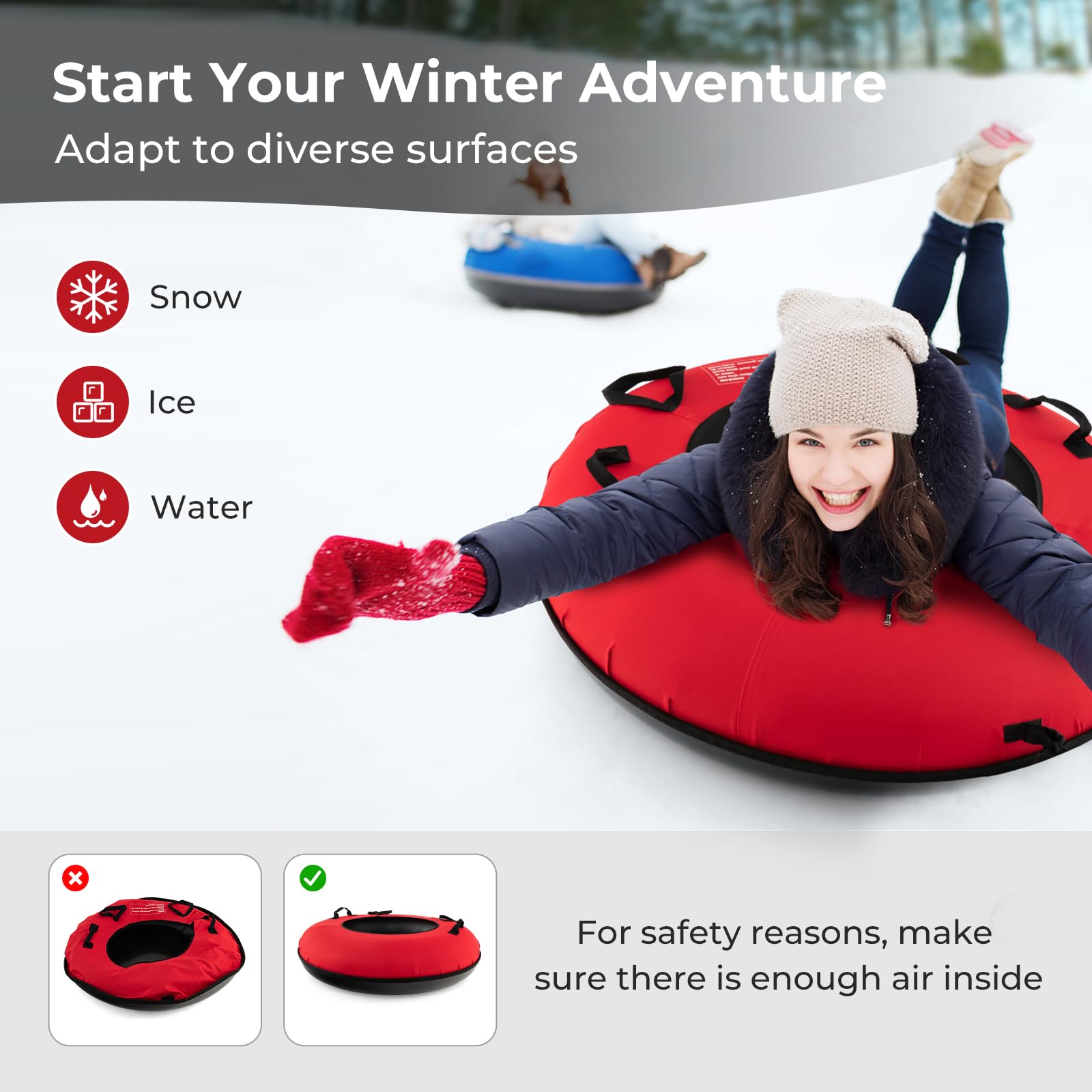 GOPLUS Trineo inflable 100 cm neumáticos de nieve con correa asiento acolchado tubo de nieve tela oxford 200 kg antideslizante para niños