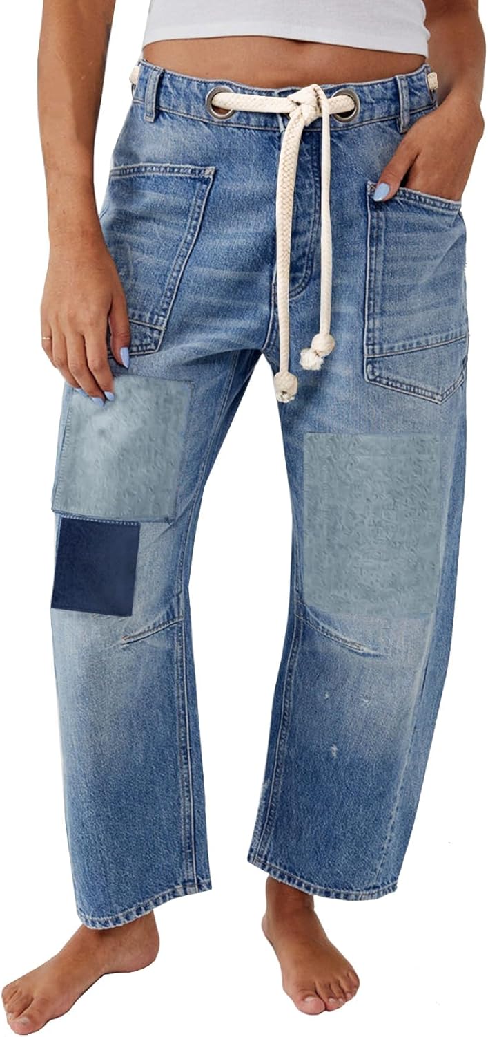 Kedera Womens Baggy Barrel Horseshoe Jeans Wide Leg Patchwork Low Rise Drawstring Denim Pants with Pockets Blue, X-Large