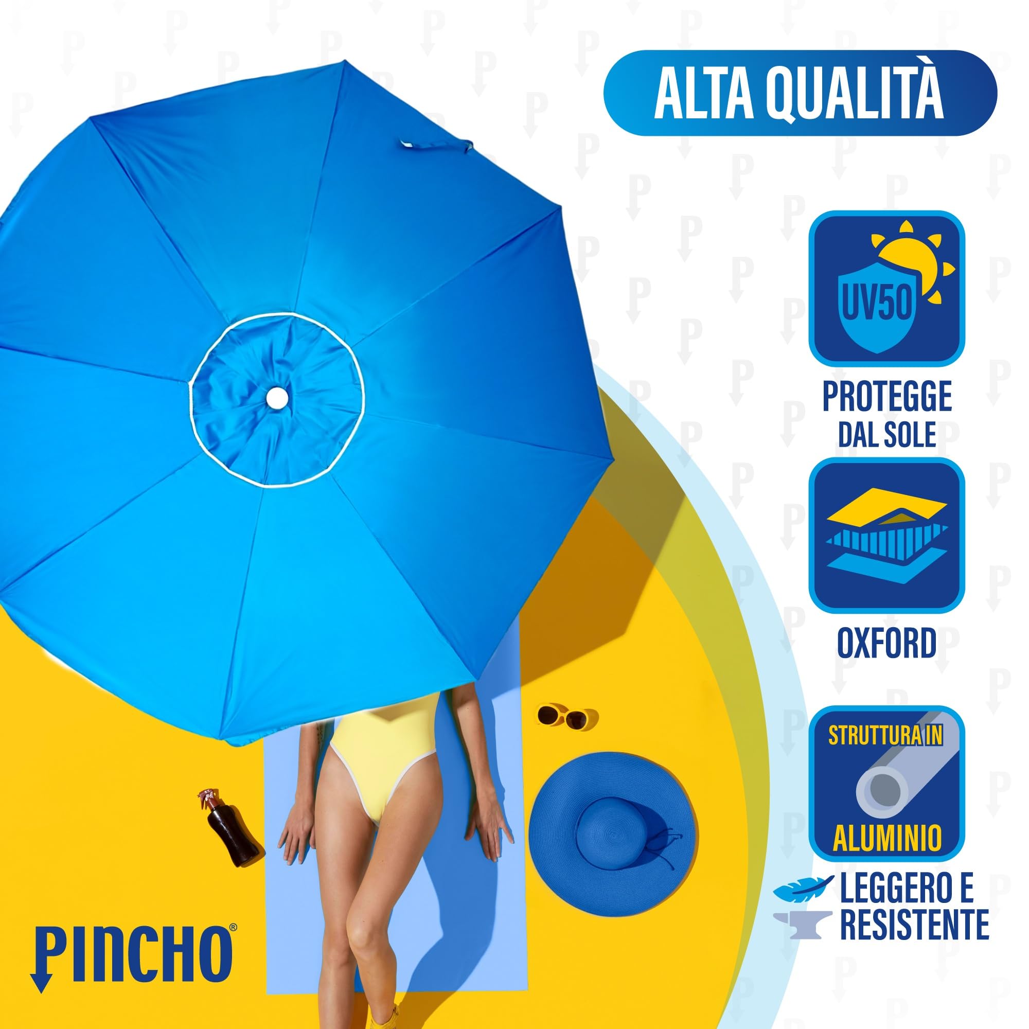 Pincho Ombrellone da spiaggia grande Ø220 cm, antivento fino a 35 km/h, protezione UV 50, materiali di qualità, tubo in alluminio, 8 aste in fibra, bastone reclinabile, con borsa per il trasporto
