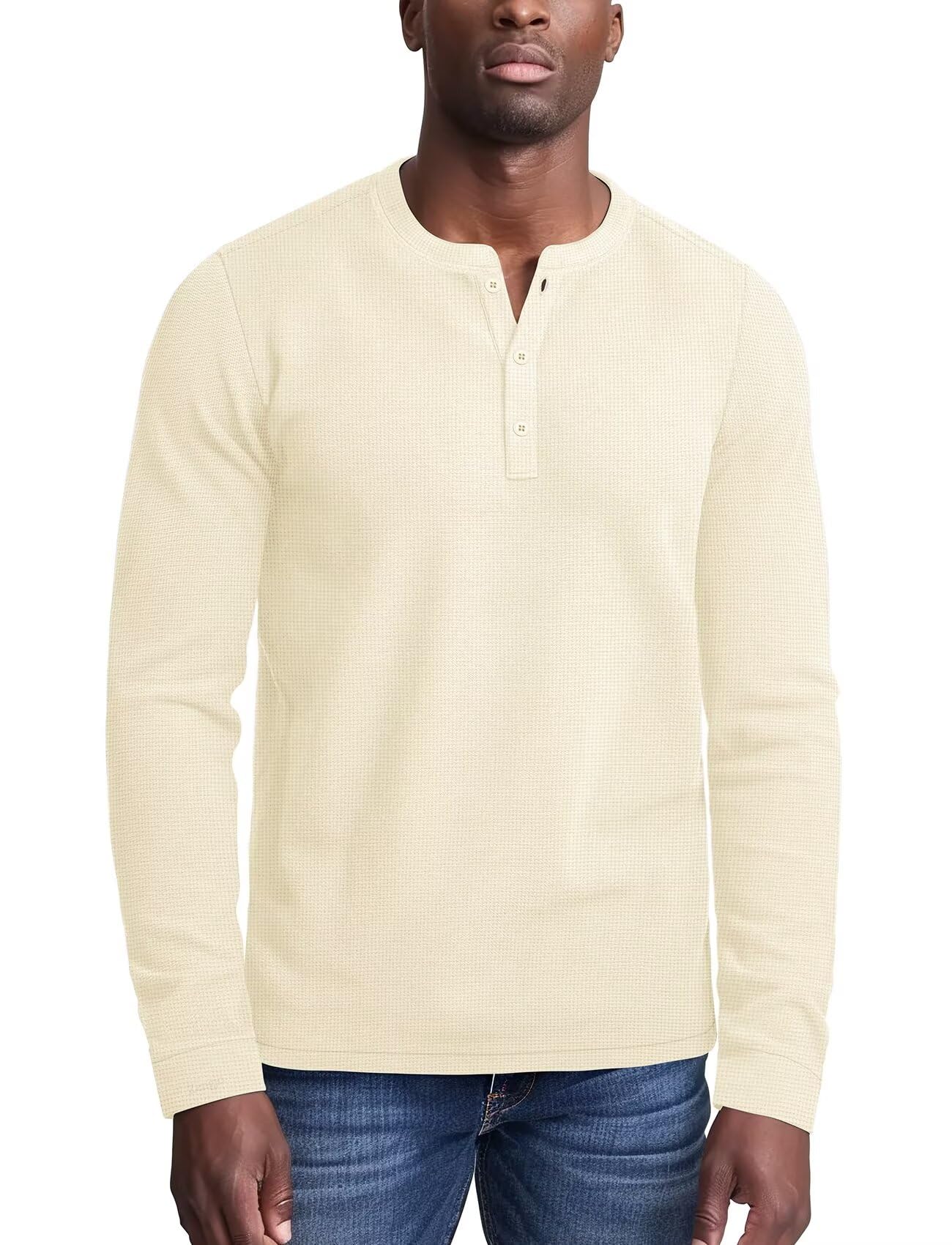 ZengjoMens Long Sleeve Henley Shirts Casual 3-Button Cotton-Poly Blend  T-Shirts