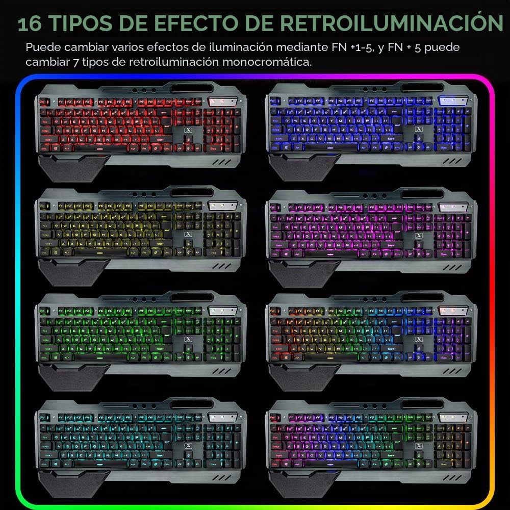 Juego de Teclado inalámbrico para Juegos y ratón y Auriculares y Alfombrilla de ratón, 4 en 1,16 RGB retroiluminada Teclado Recargable, 7 Ratones retroiluminados y RGB Auriculares para Juegos