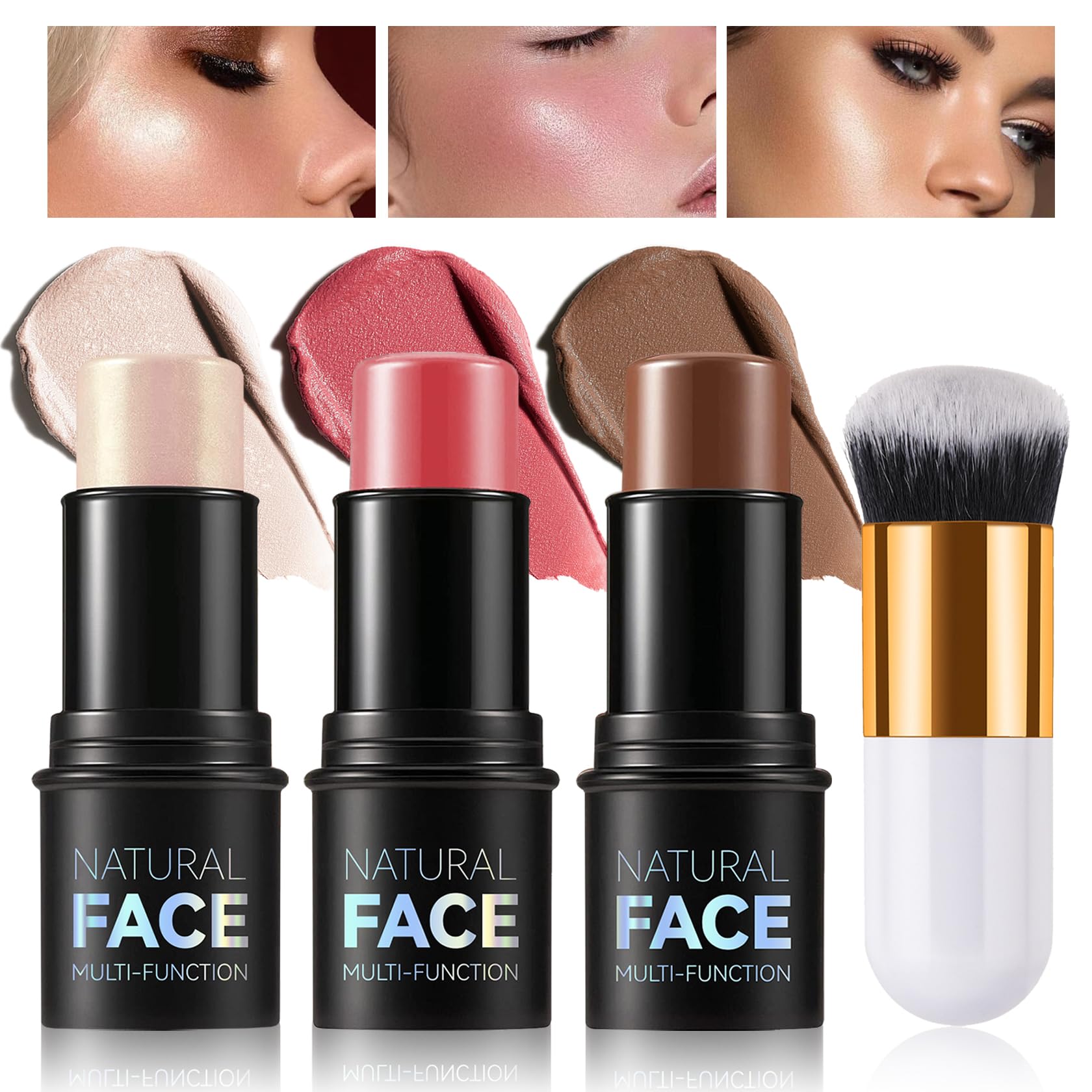 QIUFSSE Highlighter Stick Cream Blush Stick Bronzer Contour Stick Makeup,3 PCS Cream Contour Kit with Contour Brush,Long Lasting & Professional Highlighters Makeup Stick for Beginner-Set B