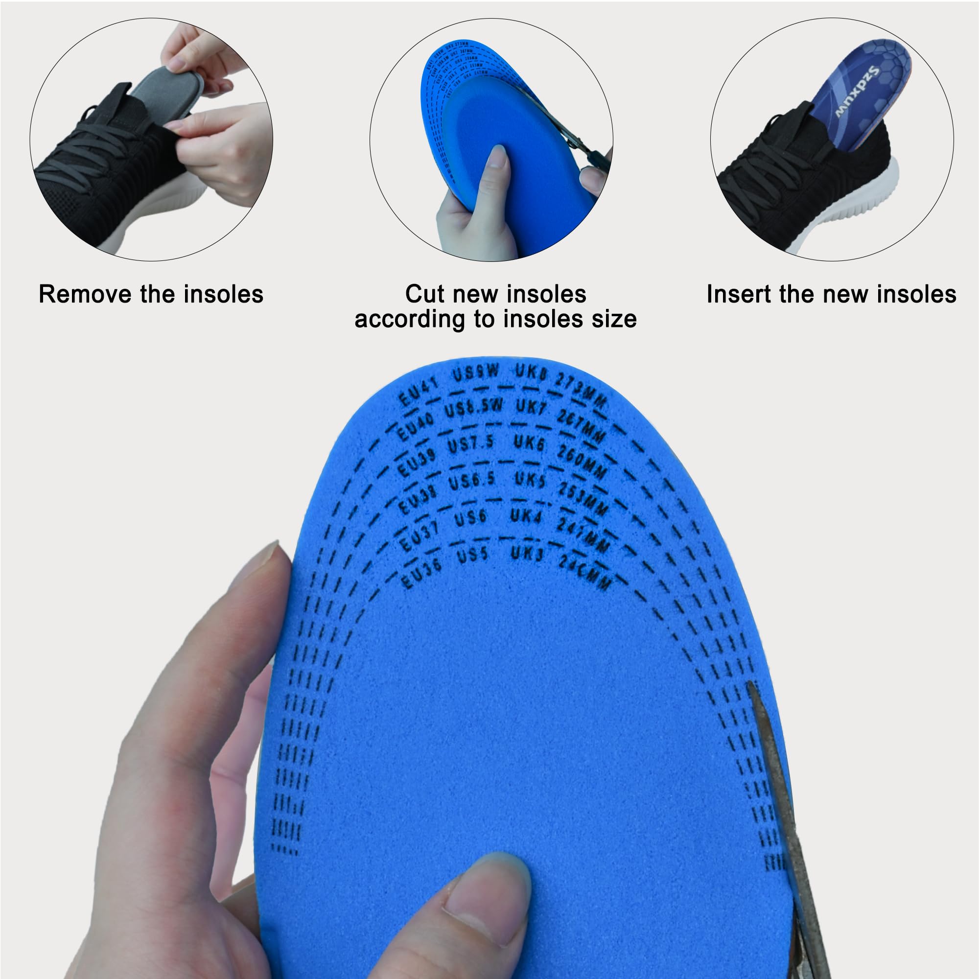 Szdxuw Solette in Memory Foam Uomo Donna, Inserti per Scarpe Regolabile alla Misura Comfort Assorbimento Traspirante degli urti Imbottitura per il Supporto del Piede Suole Interne, Donna Blu Navy