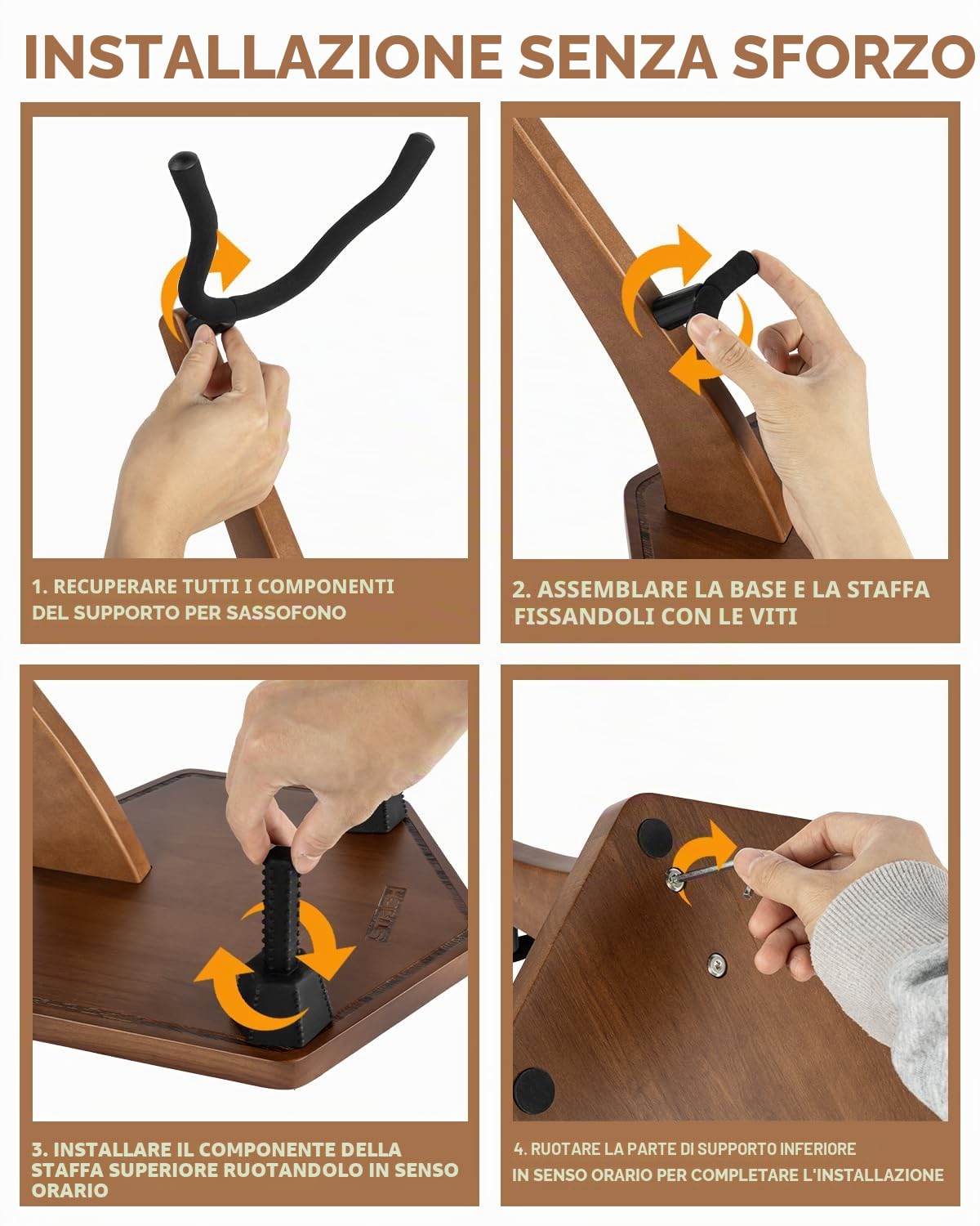 STRICH Supporto in legno per sassofono contralto e tenore realizzato a mano in legno massello color noce, base pesante con 2 supporti per flauto clarinetto