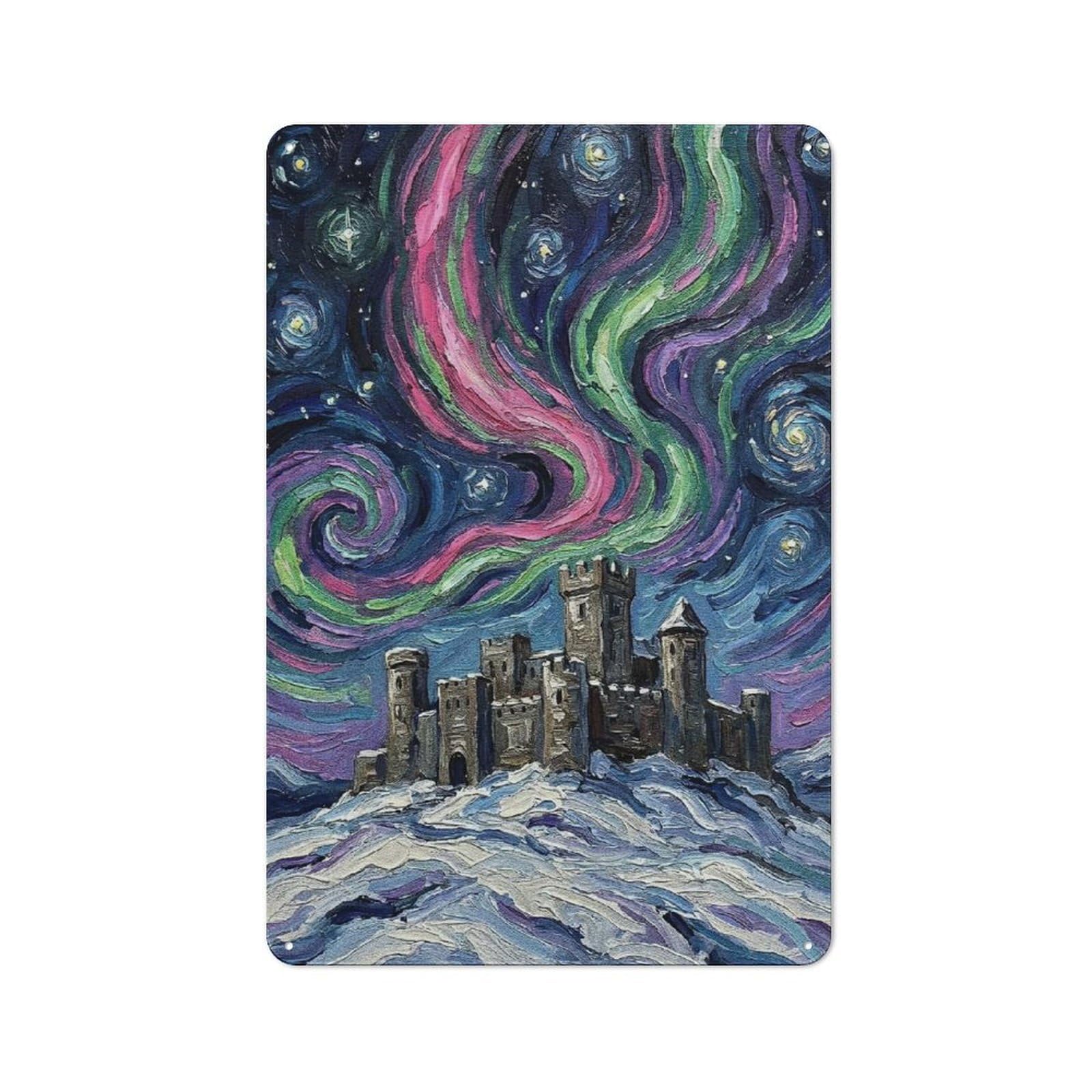 Junmoney Style-14 Metal Wall Sign 30X20cm Featuring Castle Under Aurora Borealis Painting For Café Or Home Bar, A Decorative Gift For A Newly Furnished Café And Home Bar