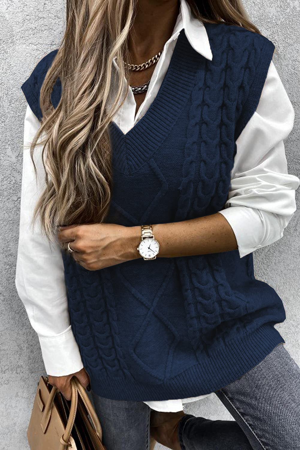 Meufam Sweter kamizelka damska, oversize, dekolt w serek, bez rękawów, swetry z dzianiny kablowej, luźny pulower