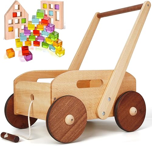 Woodtoe Andador de madera para bebés pequeños, juguetes de empuje de velocidad ajustable para bebés que aprenden a caminar, con juego de bloques de