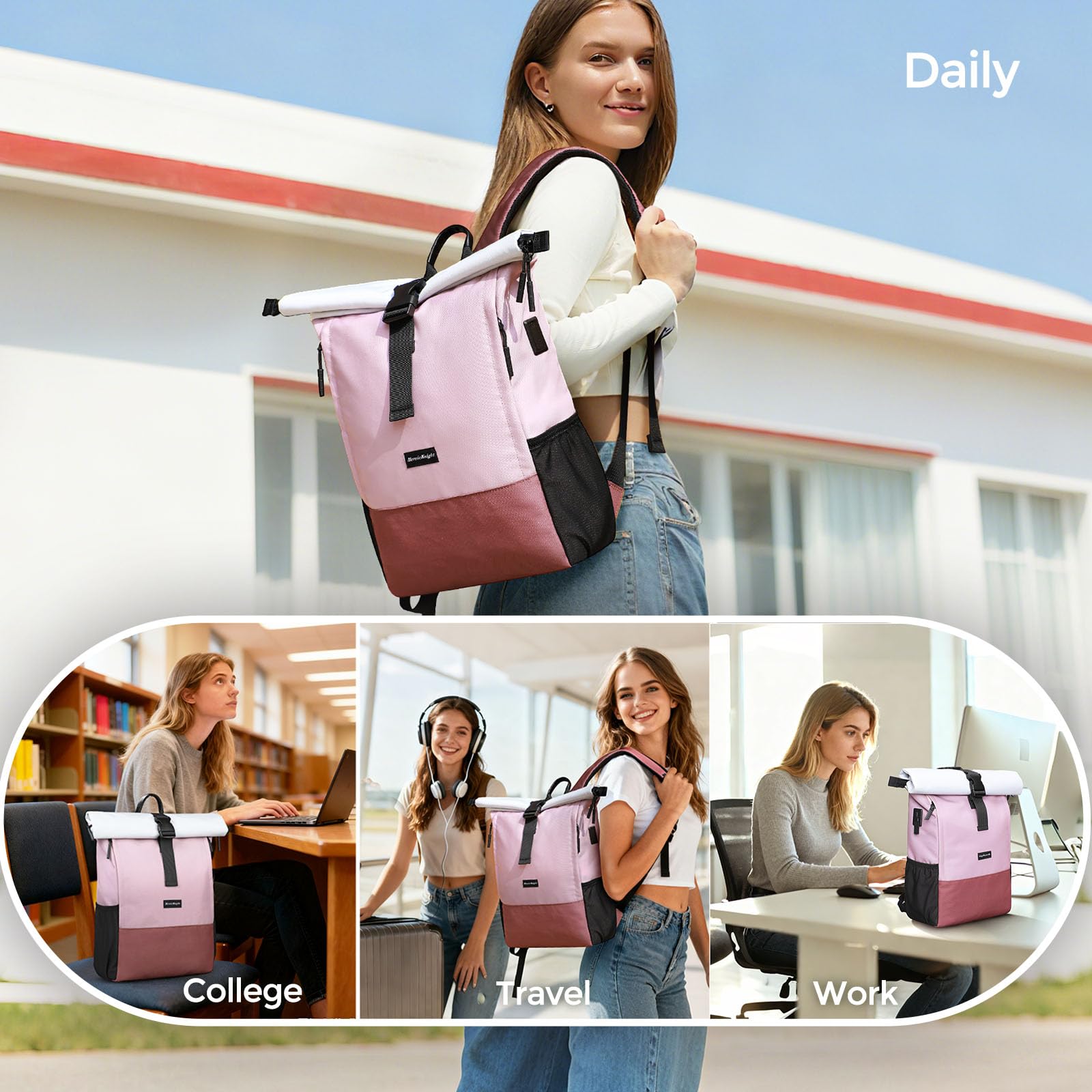 hk Sac à Dos Roll Top Femme pour Ordinateur Portable 15,6 Pouces Léger | Port USB imperméable grande capacité pour travail université voyage randonnée camping