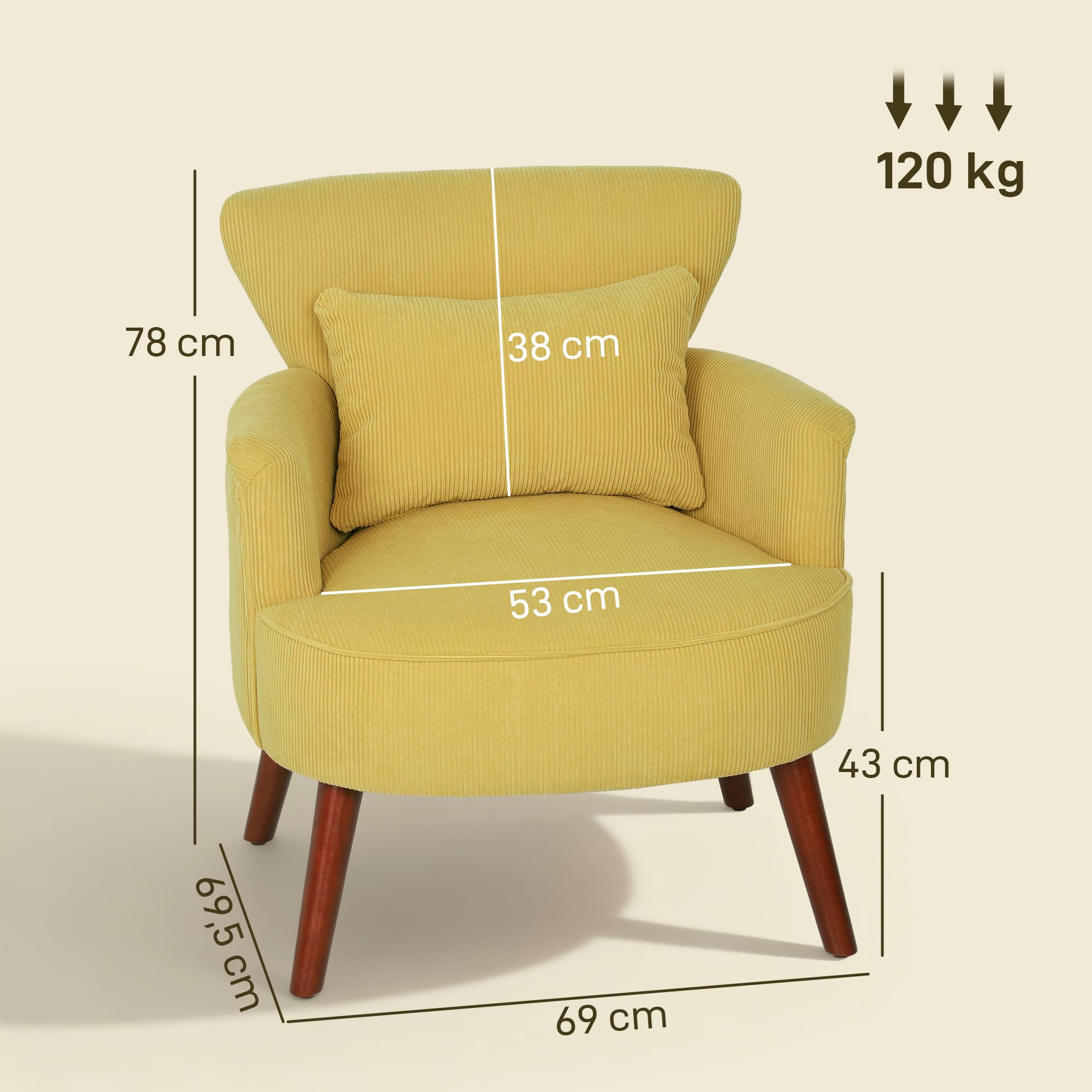 HOMCOM Sessel Loungesessel mit Armlehnen, Polstersessel mit Kissen Armlehnensessel mit Kordoptik, Holzbeine Lesesessel für Wohnzimmer, Schlafzimmer, Gelb