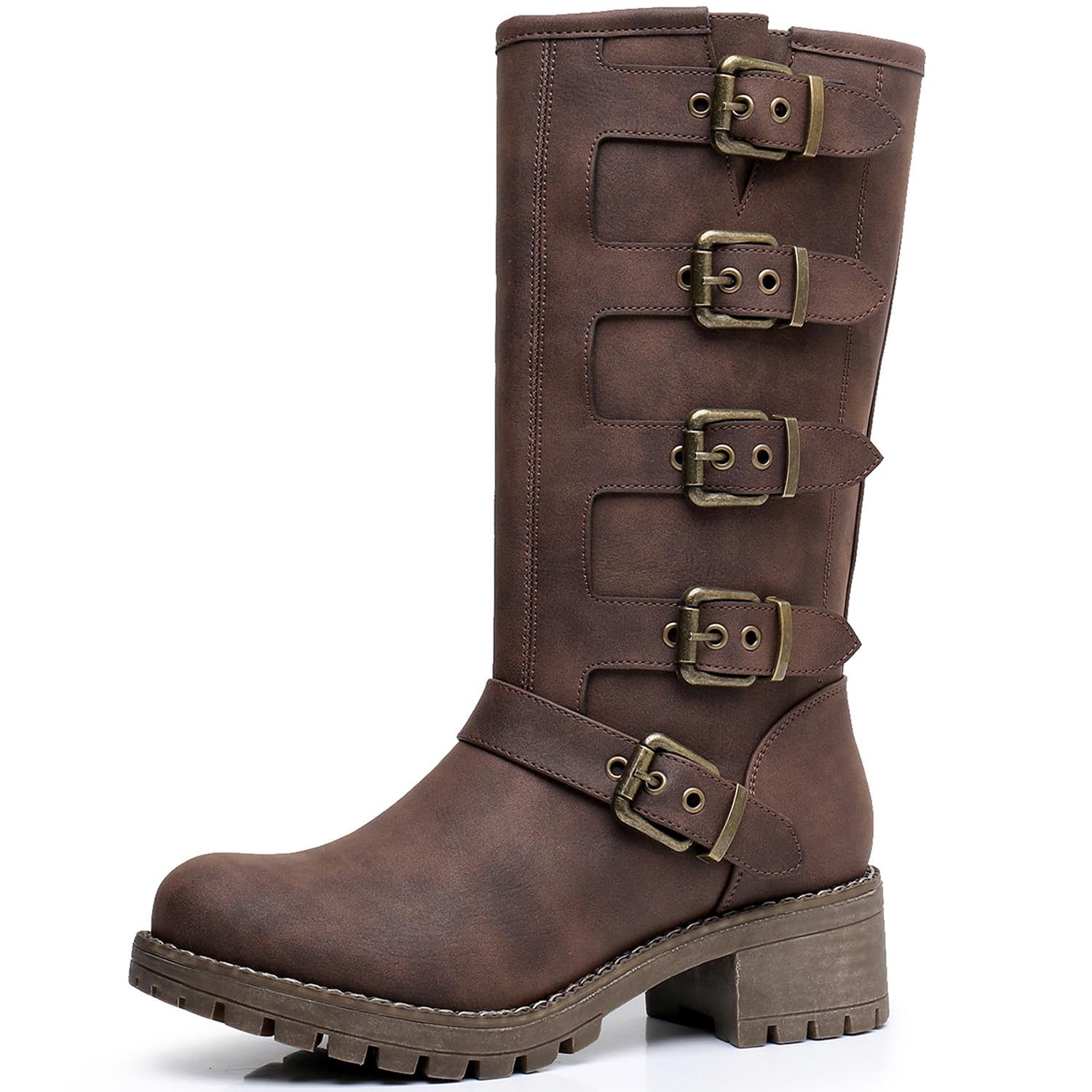 GLOBALWIN Chunky Mid Calf Fashion Dressy Motocycle Biker Military Style Combat Boots for Women Low Heel