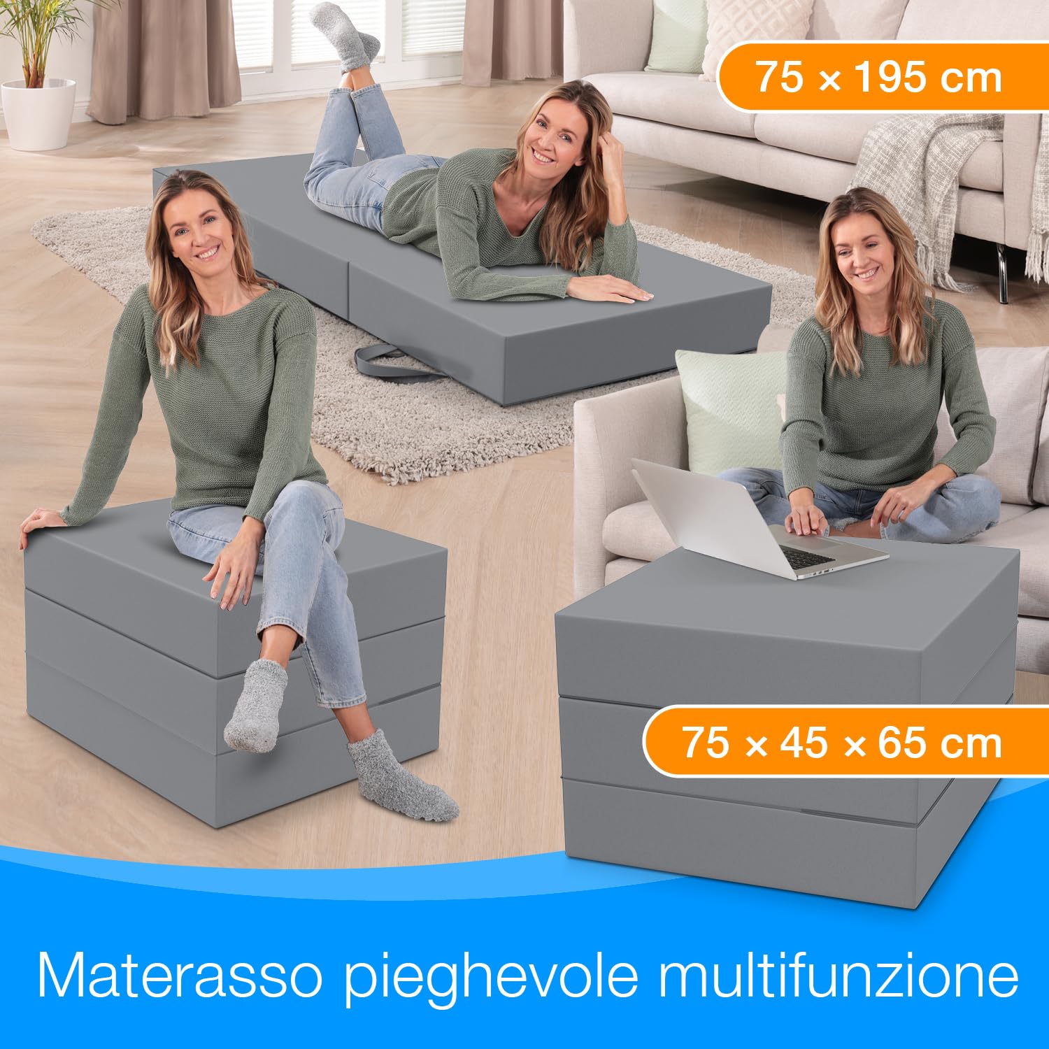 ELONEO materassino pieghevole per ospiti, materasso pieghevole a 3 parti, spugna extra spessa (15cm), lavabile, cubo a disco intervertebrale, adulti (grigio, 75 x 195 x 15 cm)
