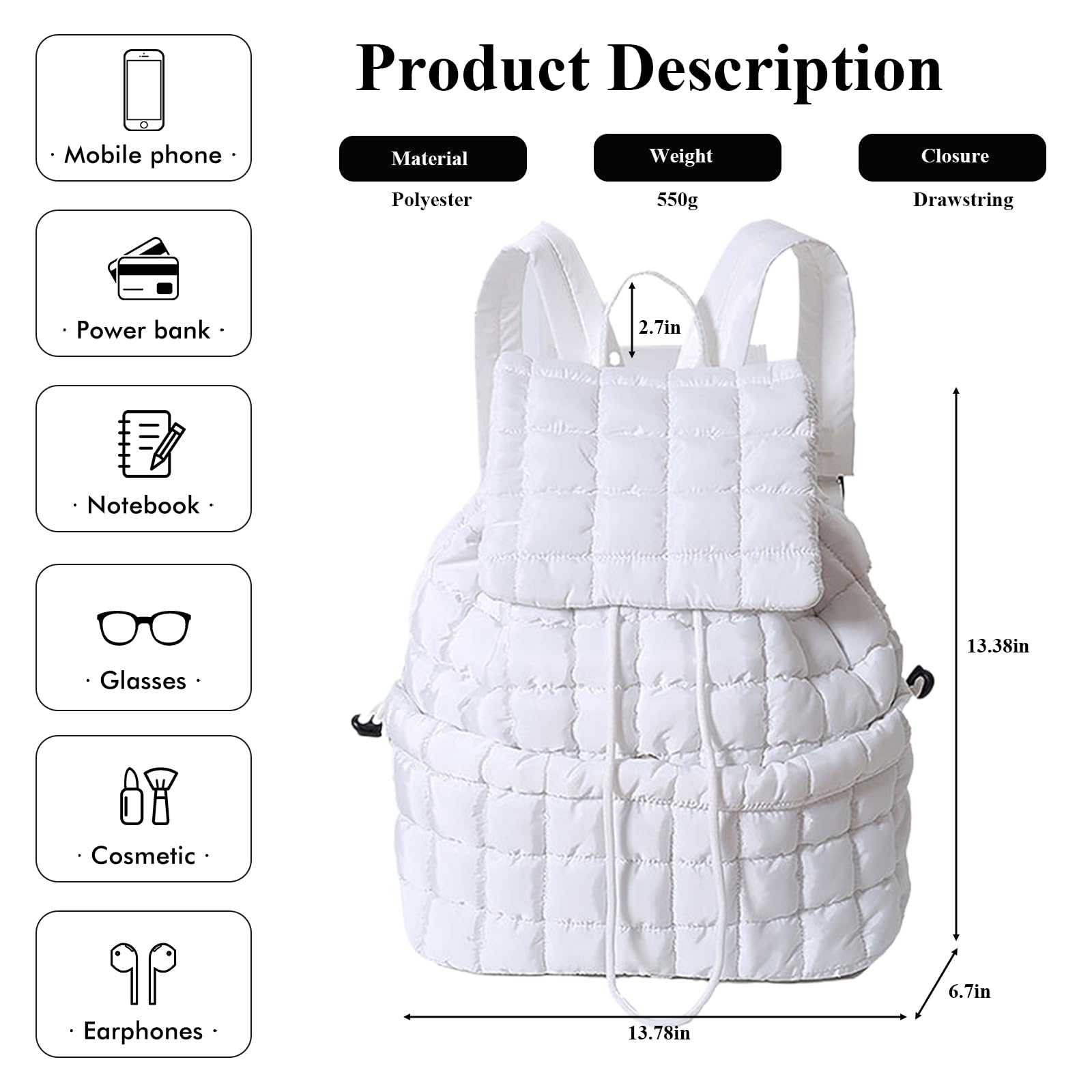 OWGSEE Quilted Backpack For Women Lightweight Trendy Puffer Cotton Top Flap Drawstring Backpack Travel Cloud Gym Bag (White)