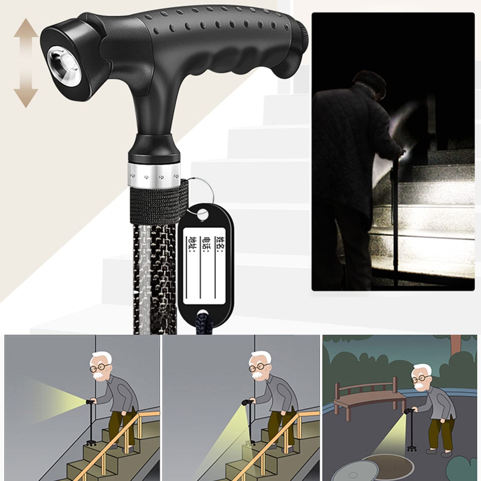 Bastón de bastón con luz LED, Bastones para la Altura Ajustable Plegable, Aluminio Lightweightnon Slip Unisex, Flexible y Durable Ayuda para Caminar, Canes para Base Quad No Slip