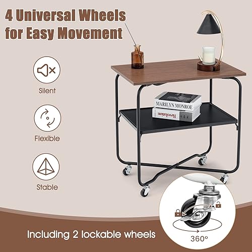 Miniatura 6 de Giantex Mesa auxiliar con ruedas, carrito de almacenamiento rodante de 2 niveles, marco de metal plegable de fácil montaje, mesa auxiliar de sofá de