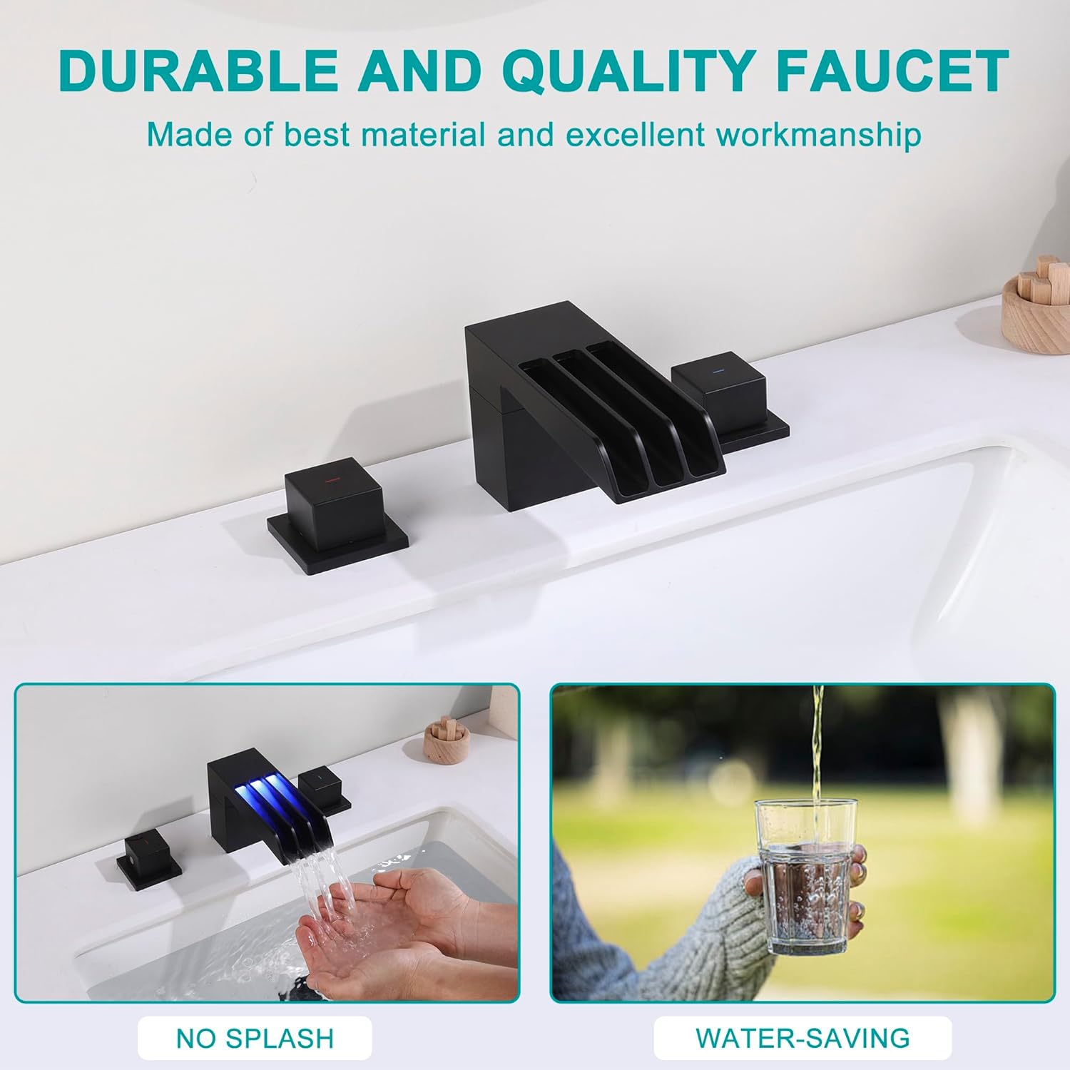 SKOWLL Bathroom Waterfall Faucet 2 Handle LED Faucet Deck Mount 8 Inch Widespread Lavatory Faucets with 3 Hole, Wolverine's Claws Design, 3 Waterfall Flow, Matte Black