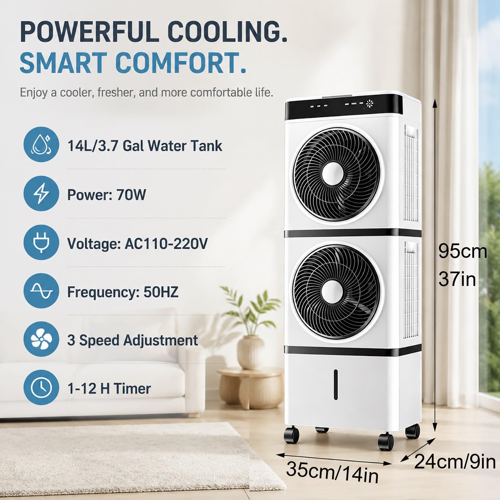 Climatizador Evaporativo Silencioso de 14 L, Temporizador de 12 Horas | Control Remoto, 3 Velocidades, 1200 CFM, 4 Paquetes de Hielo, para Oficinas en Casa