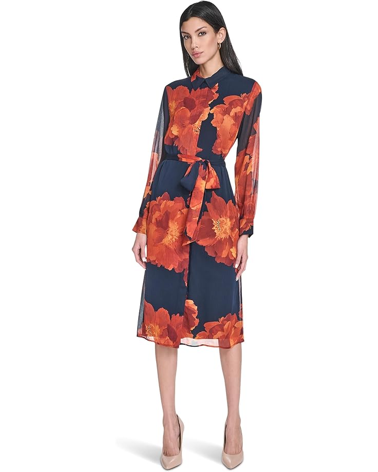 Calvin Klein Long Sleeve Floral Chiffon Midi with Self Tie - Main View