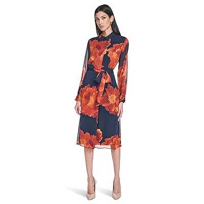 Calvin Klein Long Sleeve Floral Chiffon Midi with Self Tie Women
